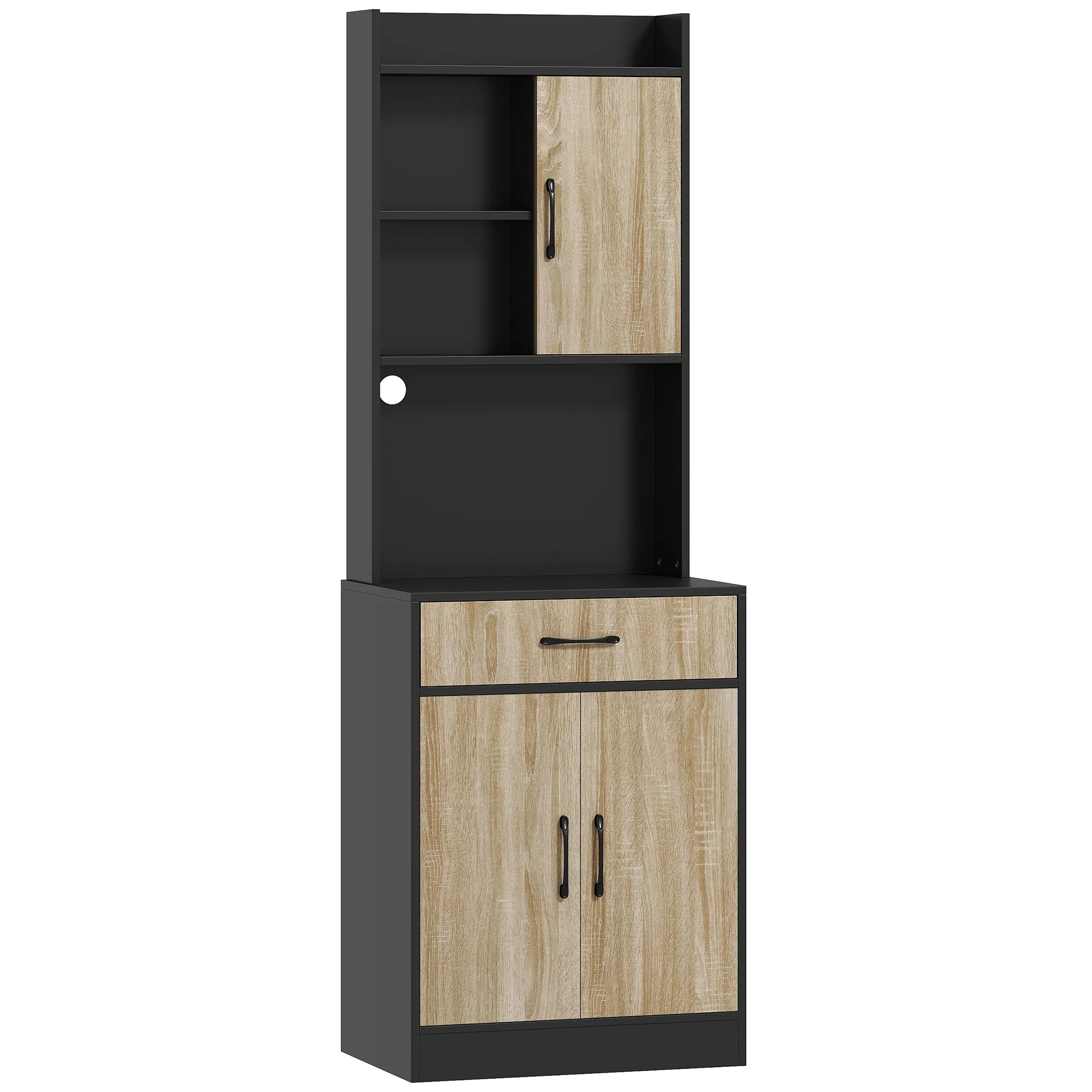 Küchenschrank mit Arbeitsfläche und Kabelloch, moderne Küchenkommode mit Schublade, 3 offene Regale, Naturholz, Schwarz