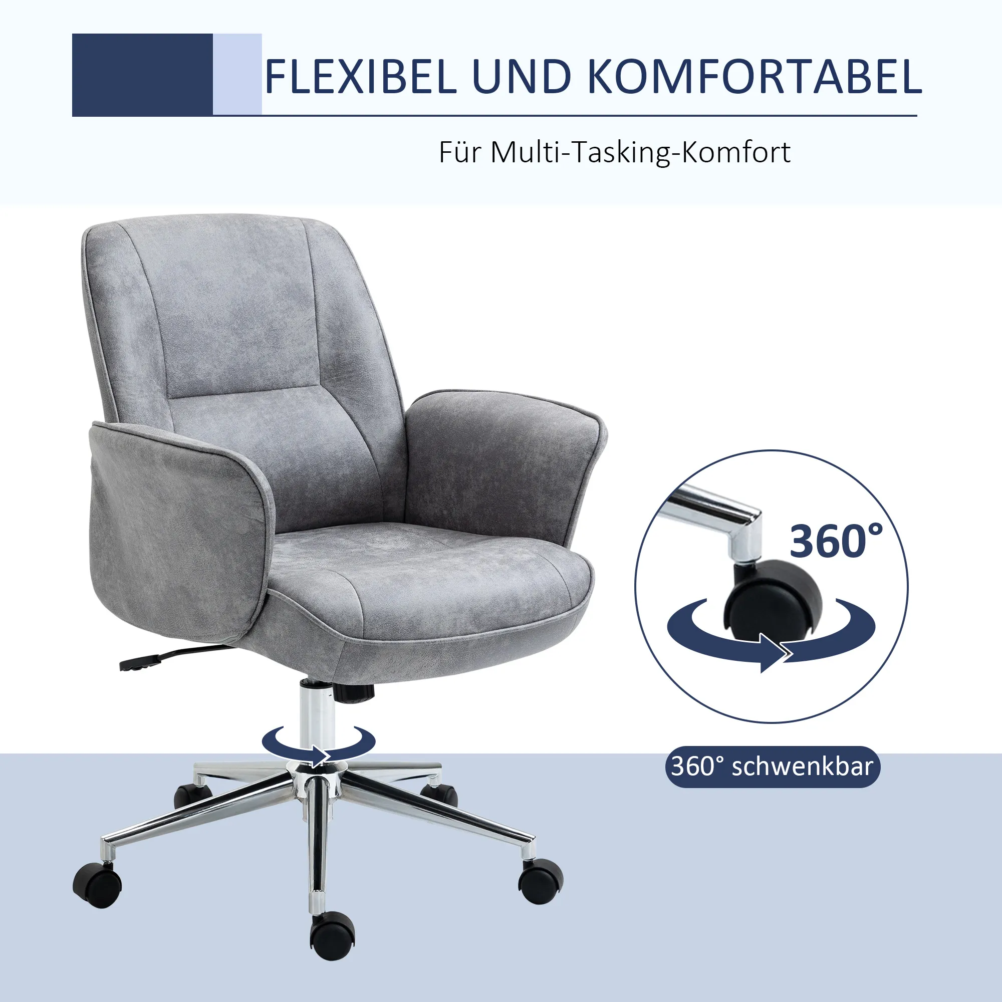 Bürostuhl mit Wippfunktion Schreibtischstuhl höhenverstellbarer Drehstuhl ergonomischer Arbeitsstuhl modern Belastbar bis 120 kg Mikrofaser Hellgrau 67 x 69 x 92-102 cm