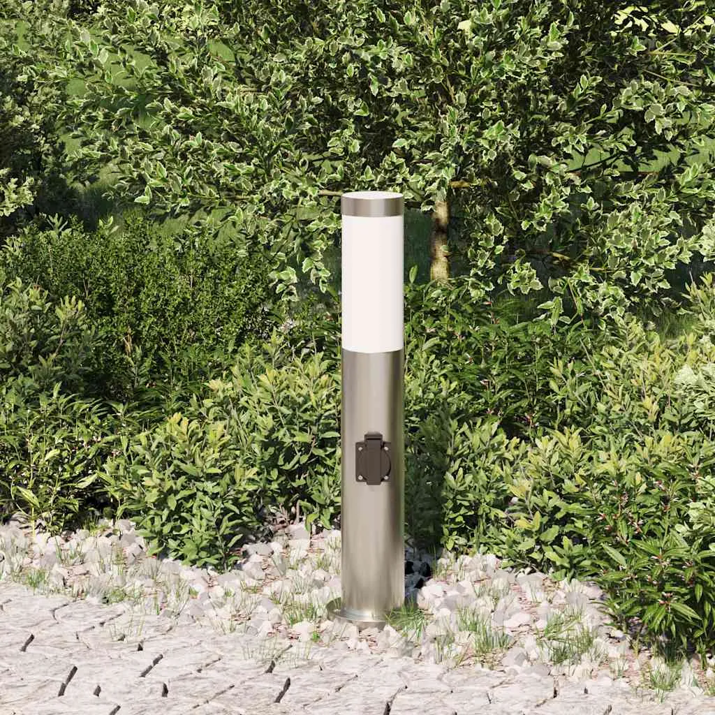 Silberne Pollerleuchte aus Edelstahl 11x50 cm mit integrierter Steckdose