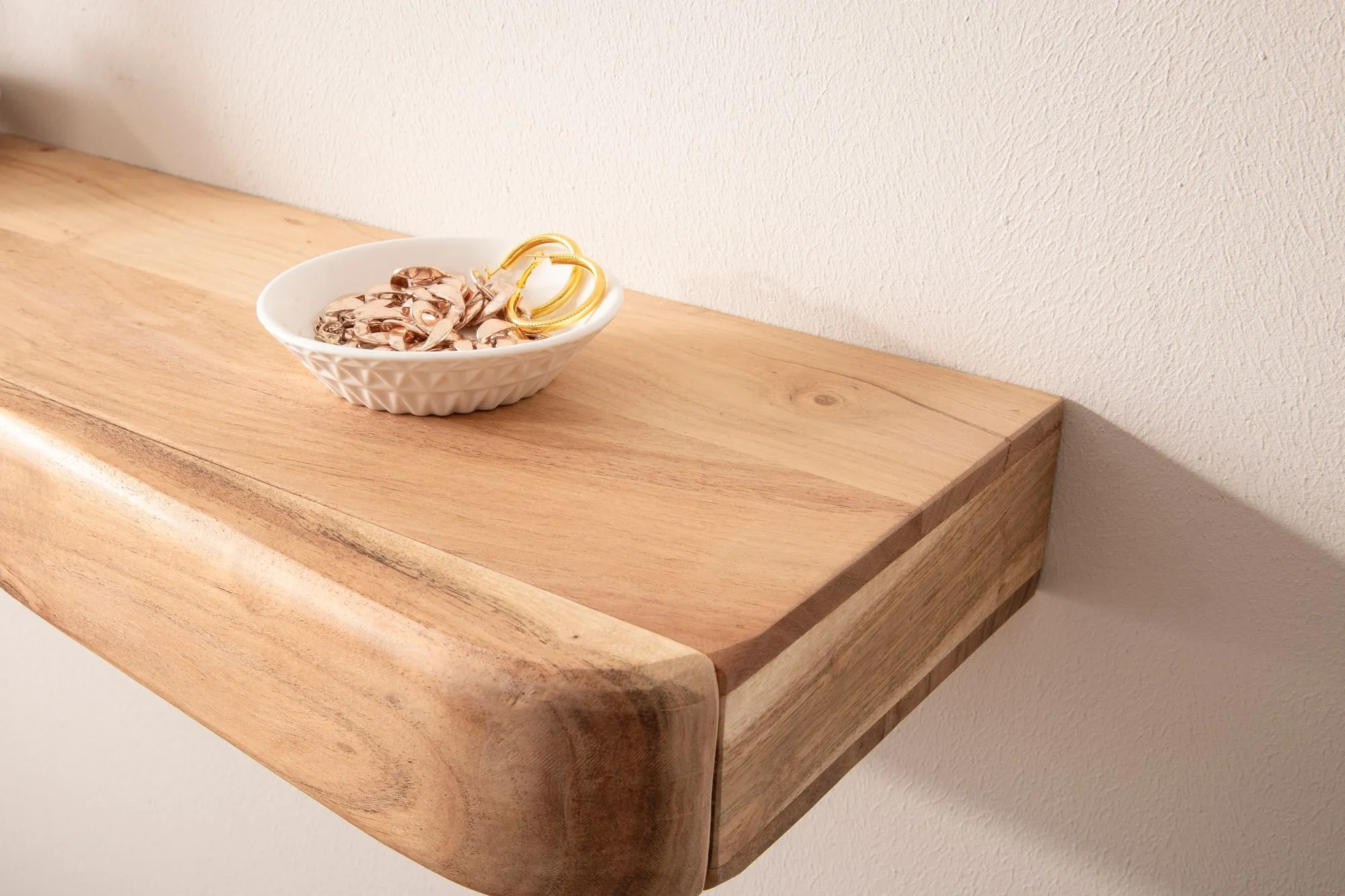 Wandregal Akazie Massivholz 100cm mit drei Schubladen - Design Regal für die Wand - Holz Wandboard mit Stauraum - Schwebendes Hängeregal aus Echtholz