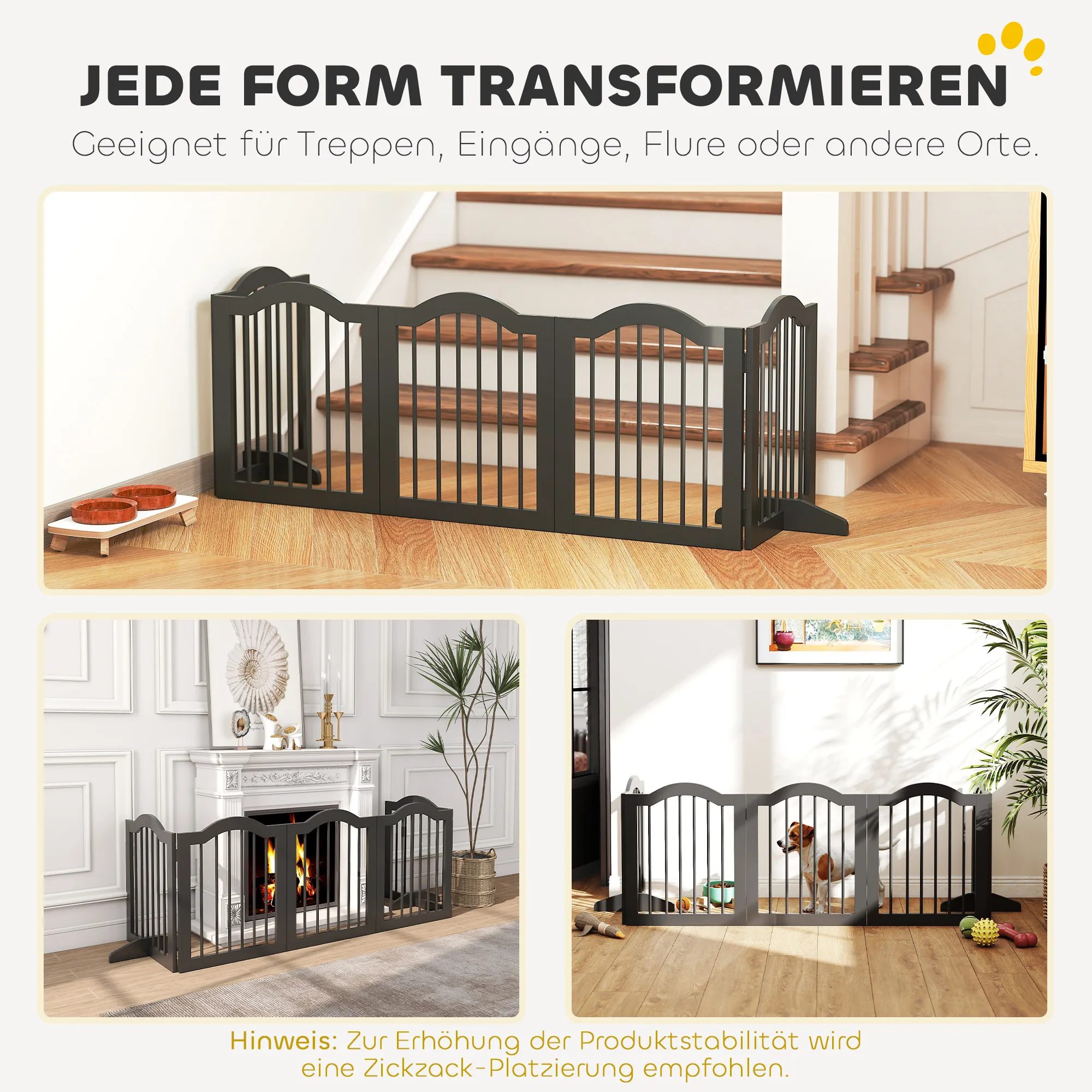 Hundegitter freistehend aus Holz, klappbar, 261,5 x 61 cm, Schwarz