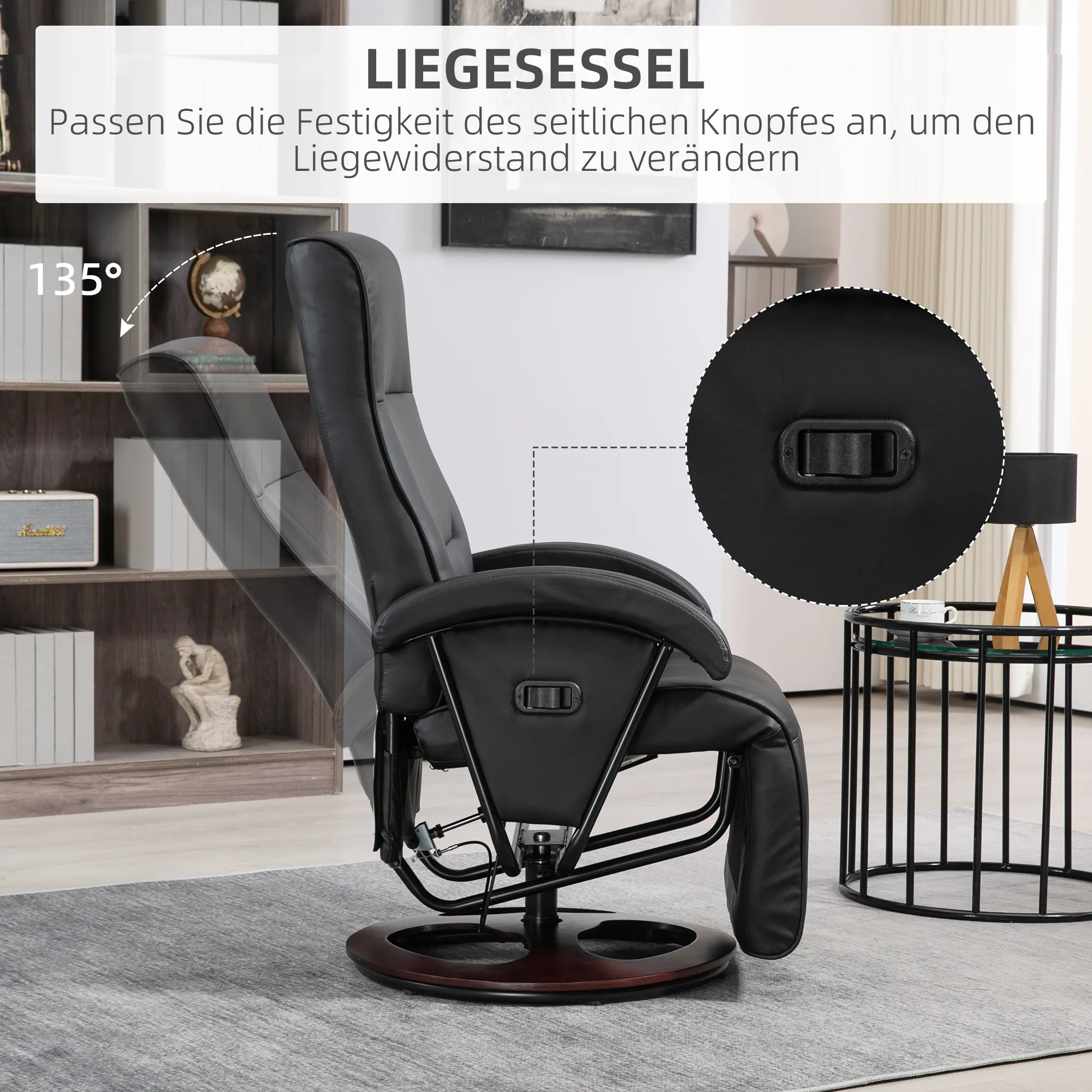Drehbarer Polsterstuhl, Kunstleder, Fußstütze, Holzbasis, neigbar, Schwarz