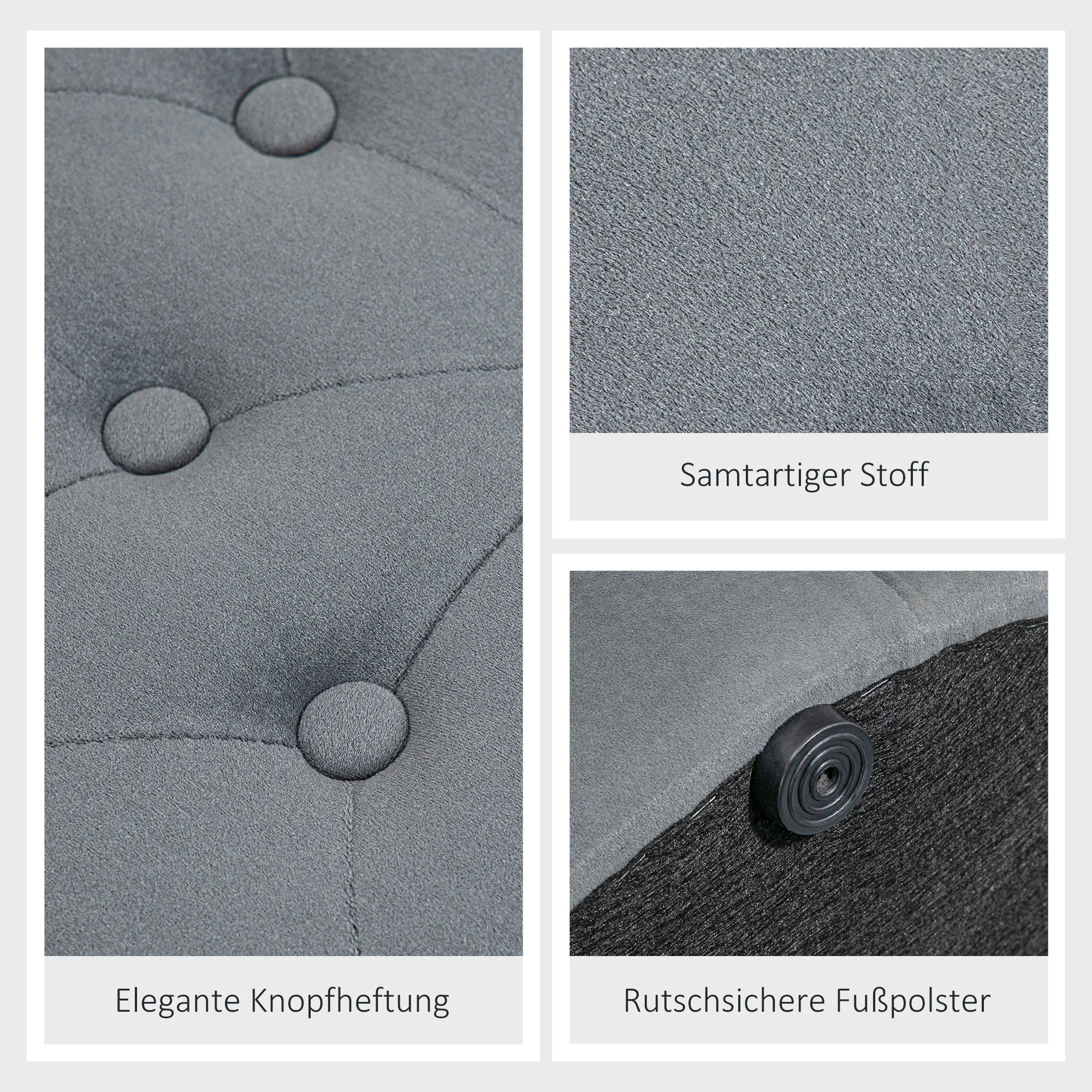 Hocker, rund, mit Staufach, Steppdesign mit Knöpfen, Bezug in Samtoptik, grau, 60 x 60 x 40cm