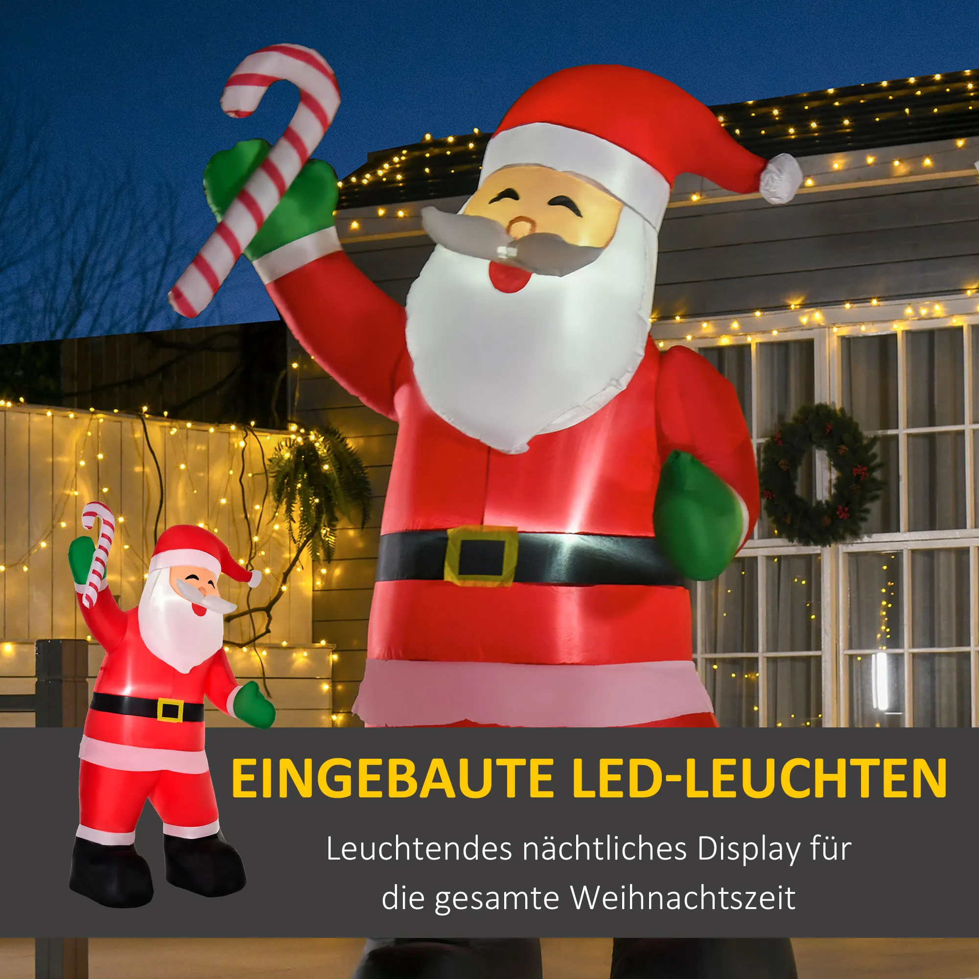 Aufblasbarer Weihnachtsmann mit LED-Beleuchtung inkl. Gebläse, Halteseilen, Bodenspieße, Sandsäcke,140cm x 85cm x 250cm