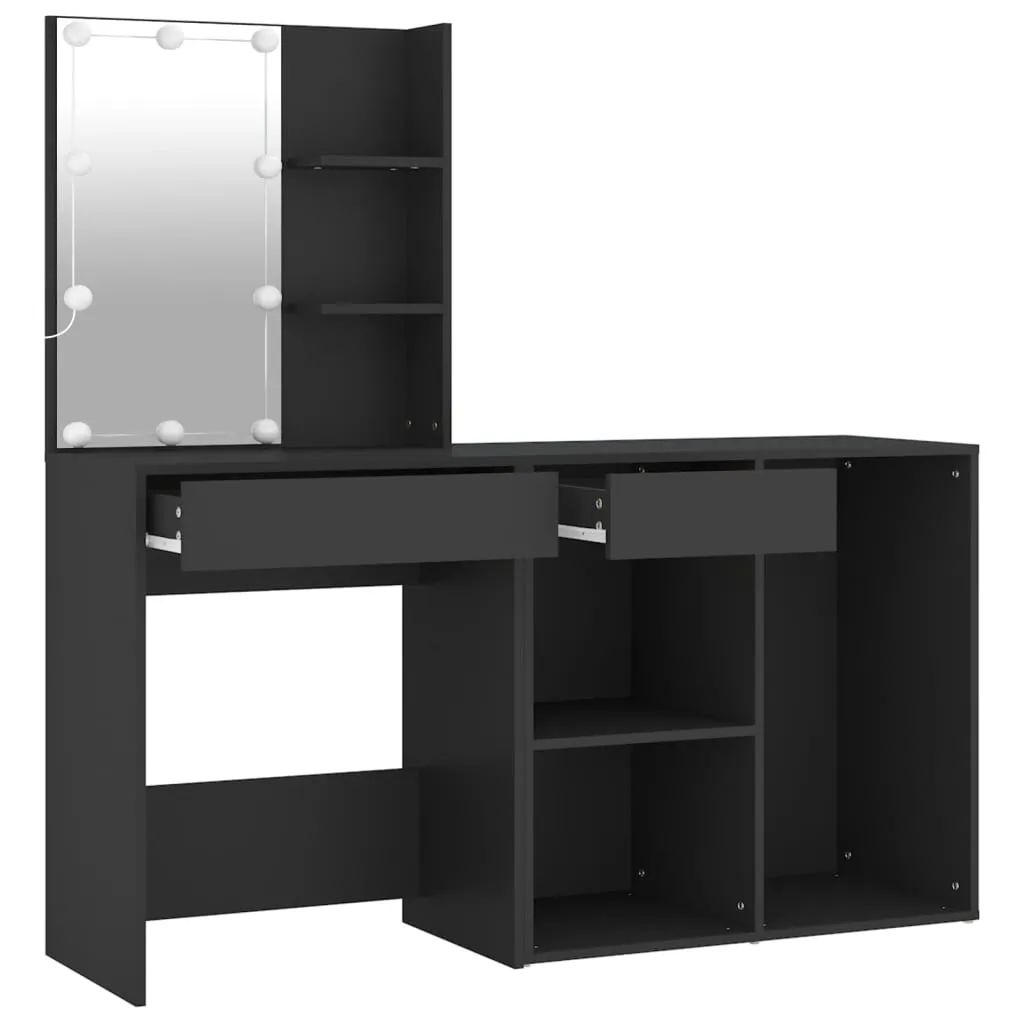 Schwarzes Schminktisch-Set mit LED-Beleuchtung, 60x40x140 cm & 80x40x75 cm