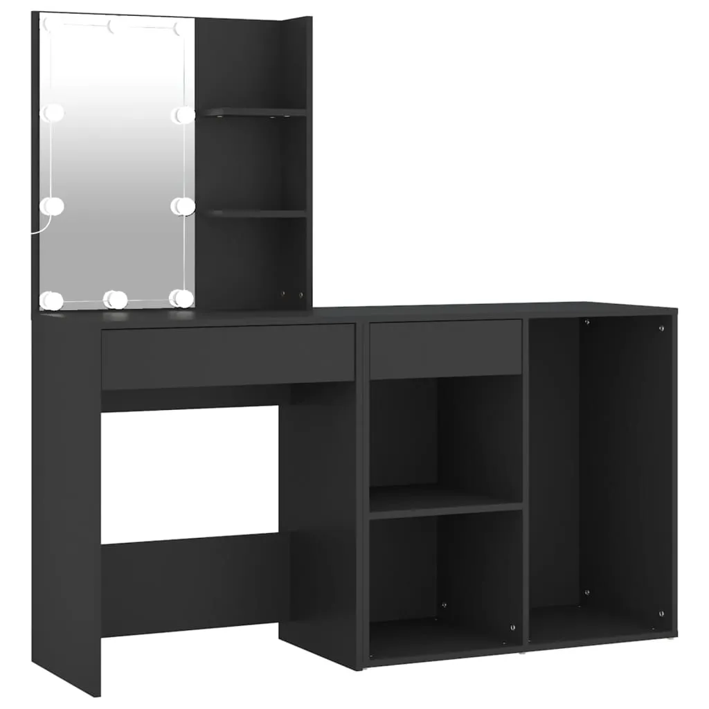 Schwarzes Schminktisch-Set mit LED-Beleuchtung, 60x40x140 cm & 80x40x75 cm