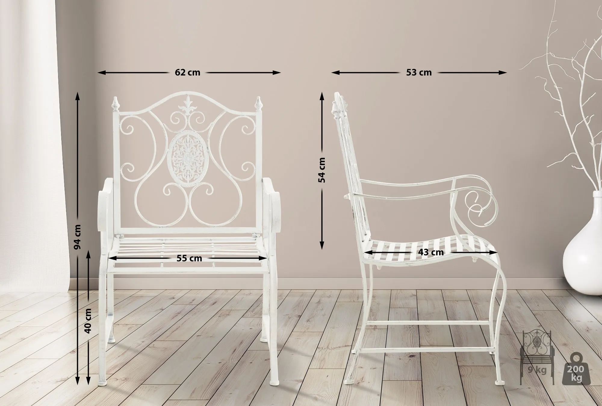 2er Set Gartenstühle Punjab 94x62x53 cm antik weiß