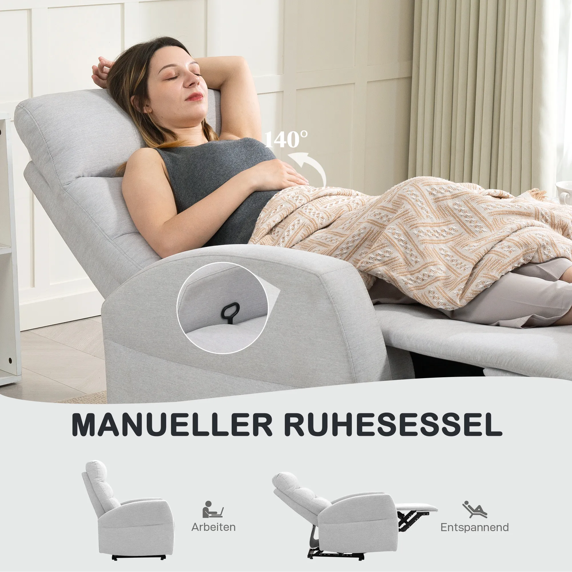 Verstellbarer Relaxsessel mit Fußstütze, Moderner Polstersessel, Hellgrau