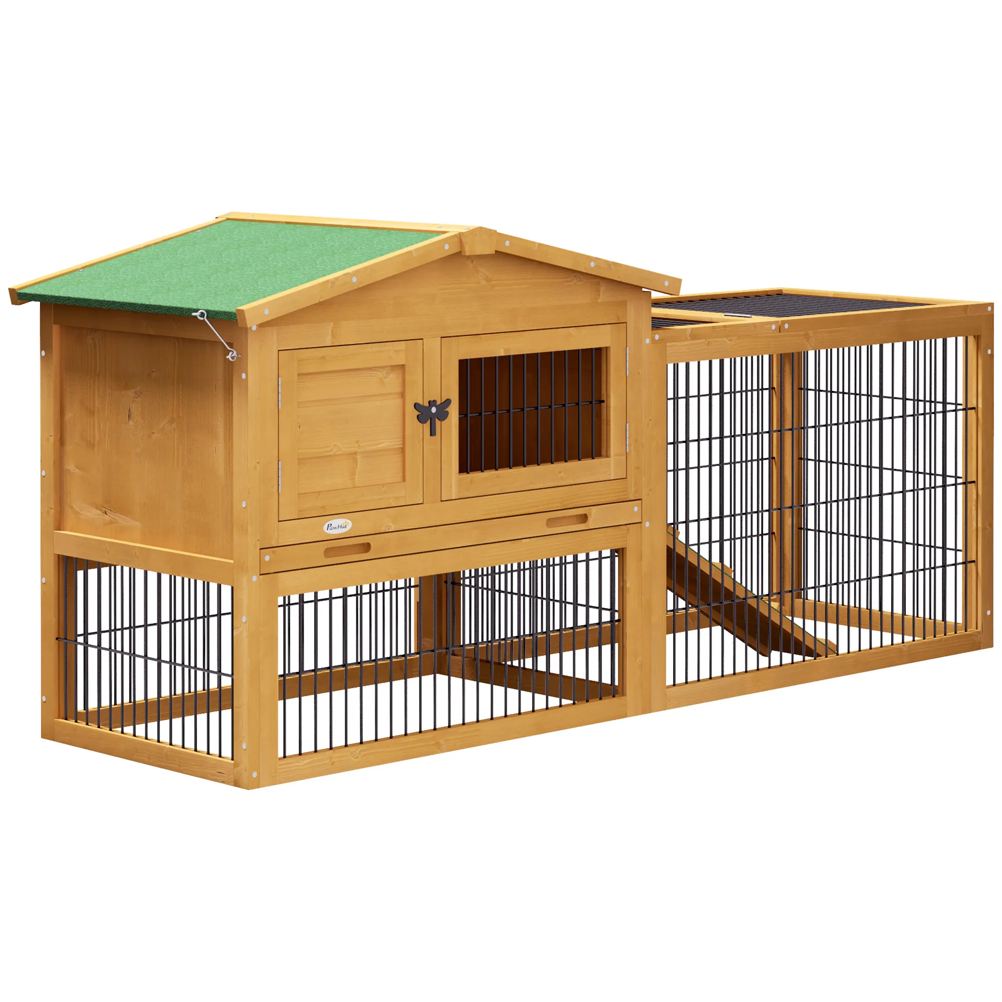 Hasenstall 2 Ebenen Kaninchenstall Tannenholz Winterfest Doppelstockhaus mit Freilaufgehege Rampe 150x52x68 cm Gelb