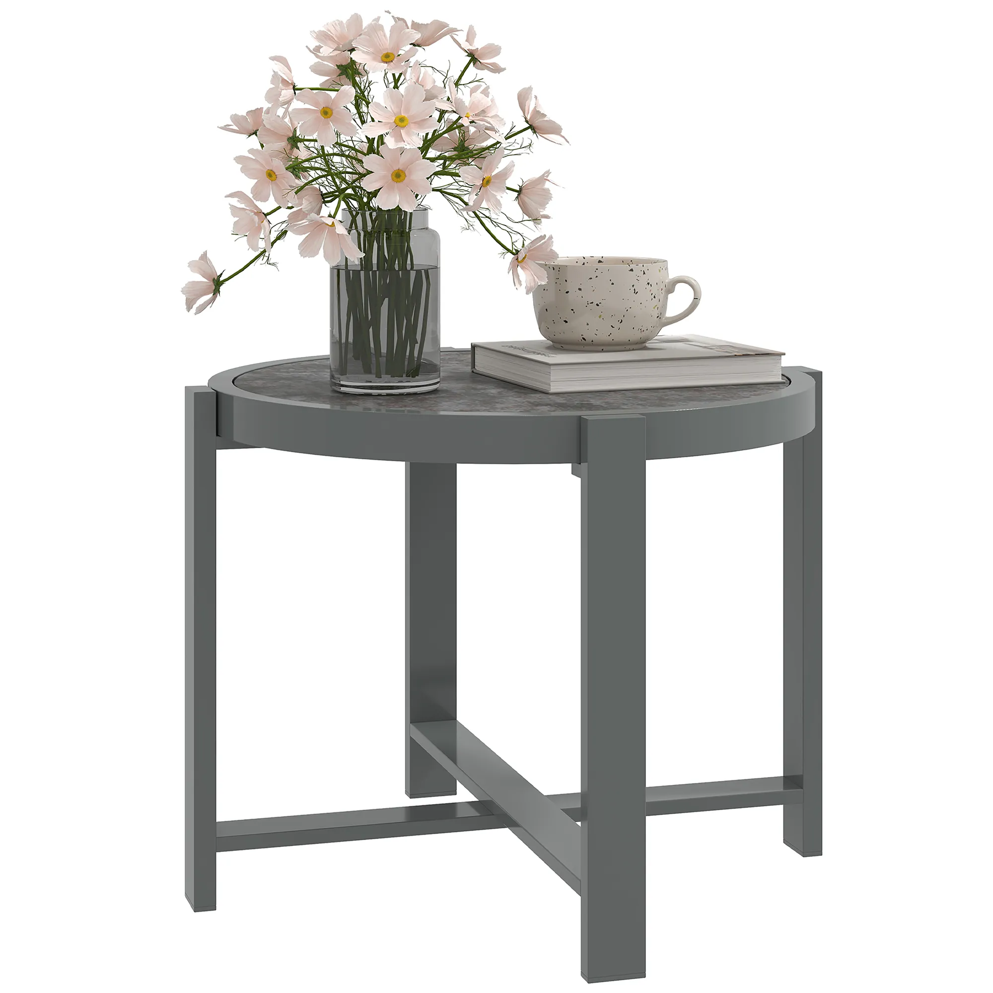 Beistelltisch Gartentisch Rund wetterfest Aluminium Balkontisch mit Marmoroptik Grau