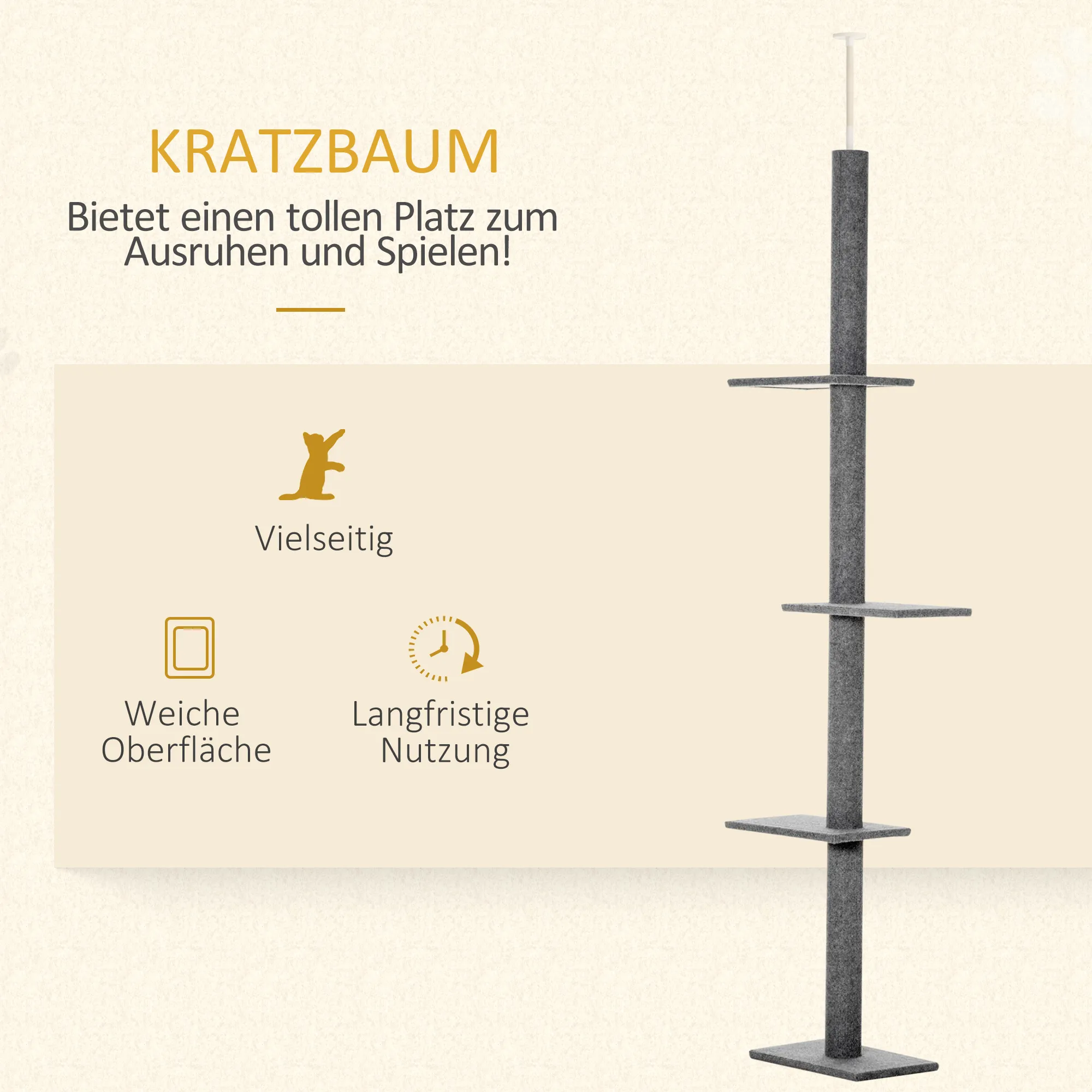 Kratzbaum deckenhoch mit 4 Plattformen, Plüsch, 228-260 cm, Grau