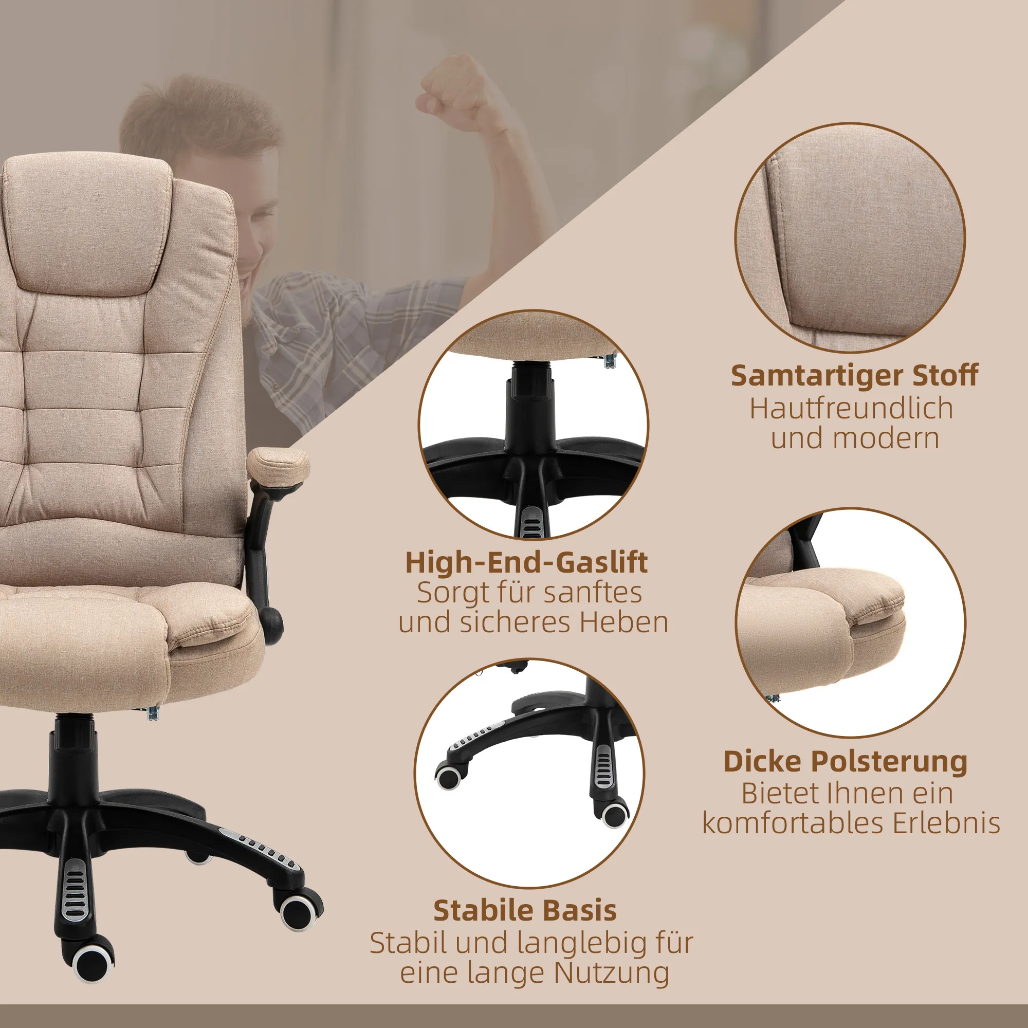 Massagesessel mit Wärmefunktion, Ergonomischer Schreibtischstuhl, höhenverstellbar, 68L x 72B x 110-120 cm, Braun