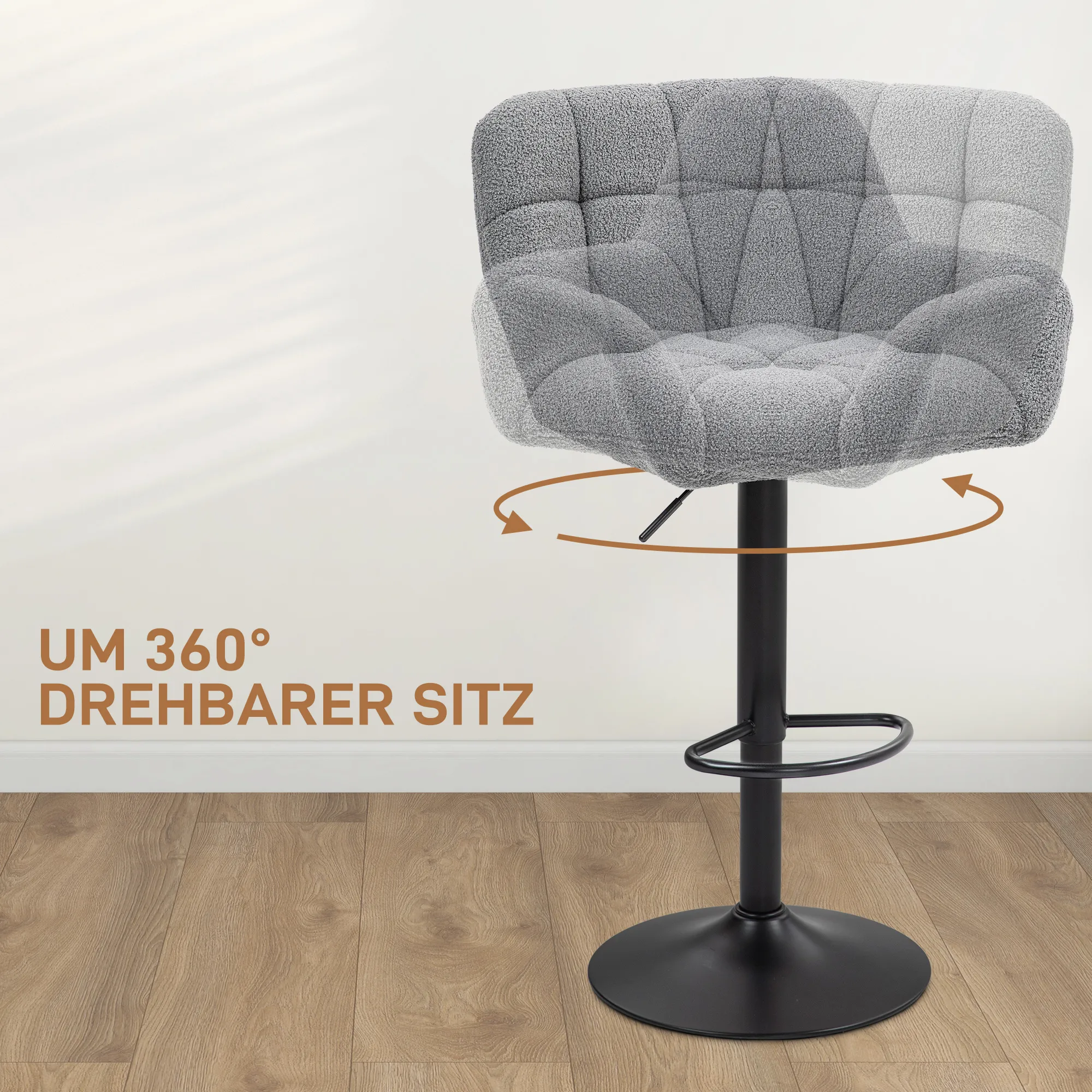 Barhocker 2er-Set Retro-Design höhenverstellbar Fleece-Optik Grau + Schwarz