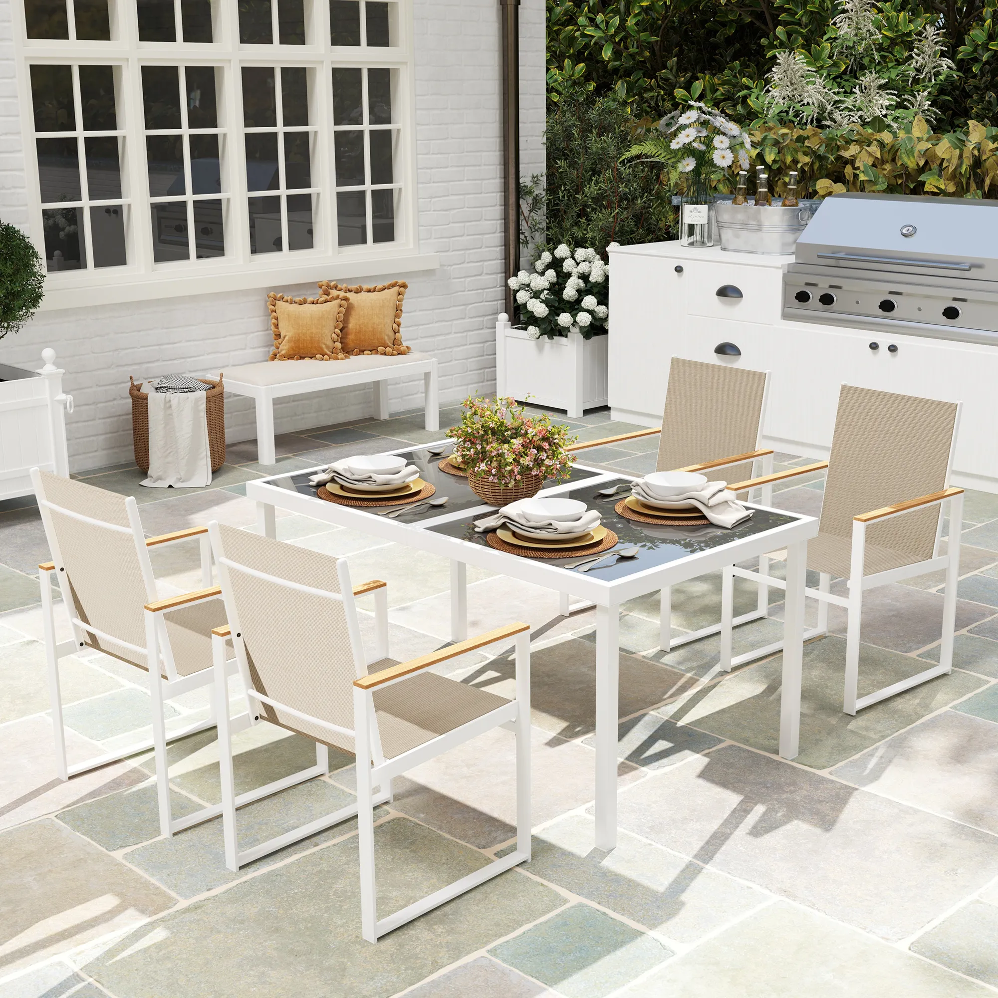5-teiliges Ess-Set, Outdoor-Tisch aus Hartglas, 4 Stühle, wetterbeständig, Stahlrahmen, Terrassenmöbel, Mehrfarbig