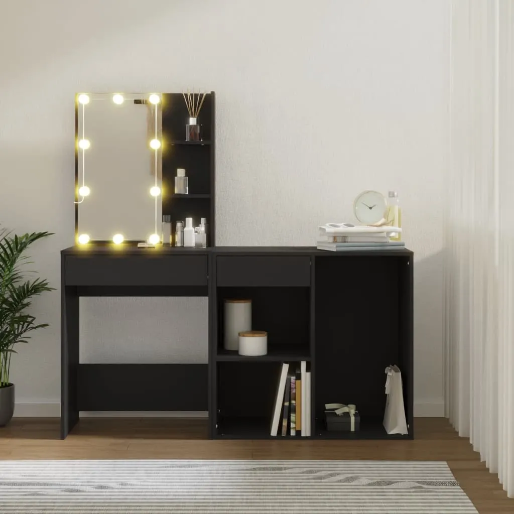 Schwarzes Schminktisch-Set mit LED-Beleuchtung, 60x40x140 cm & 80x40x75 cm