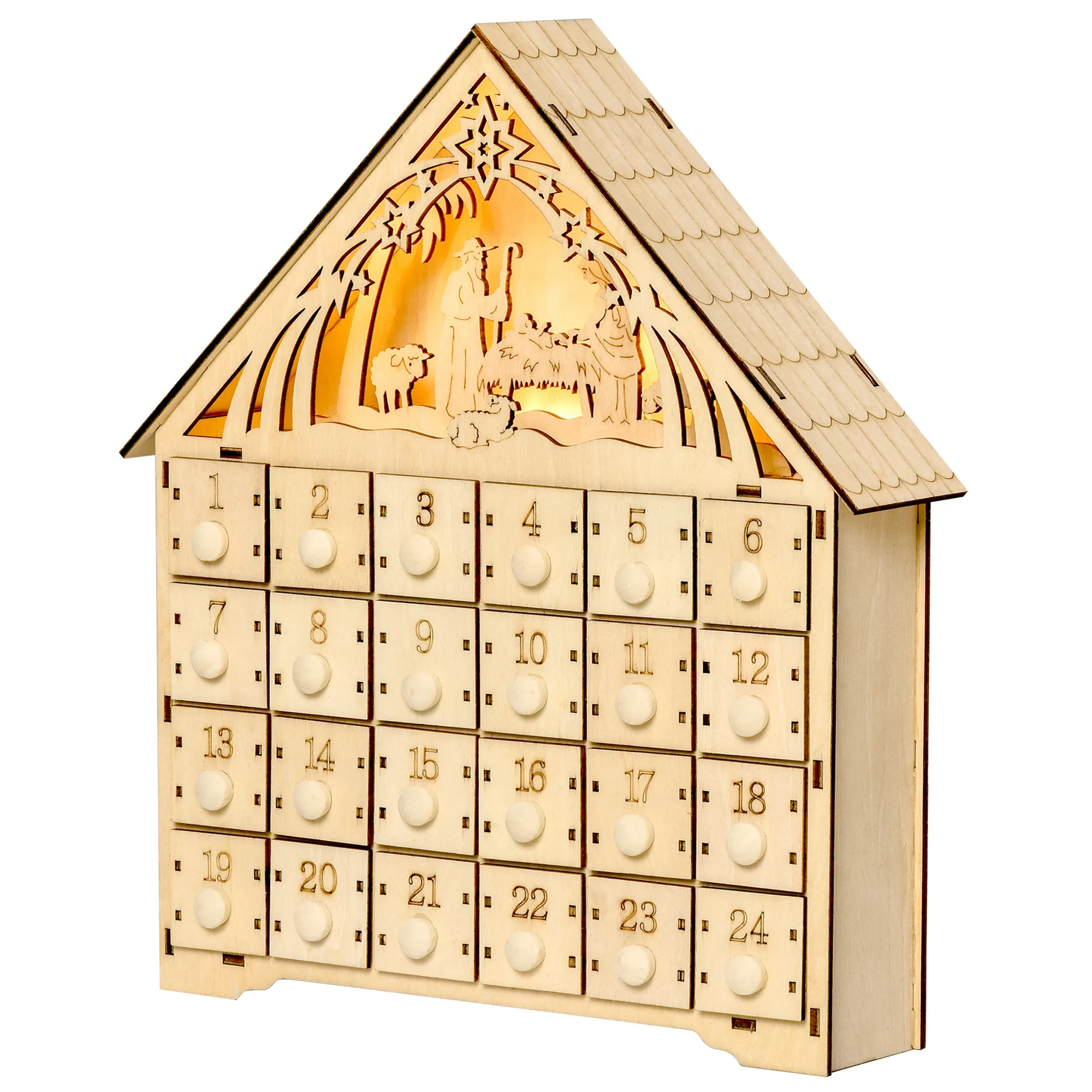 Adventskalender aus Sperrholz mit LED-Beleuchtung, Natur, 30 cm
