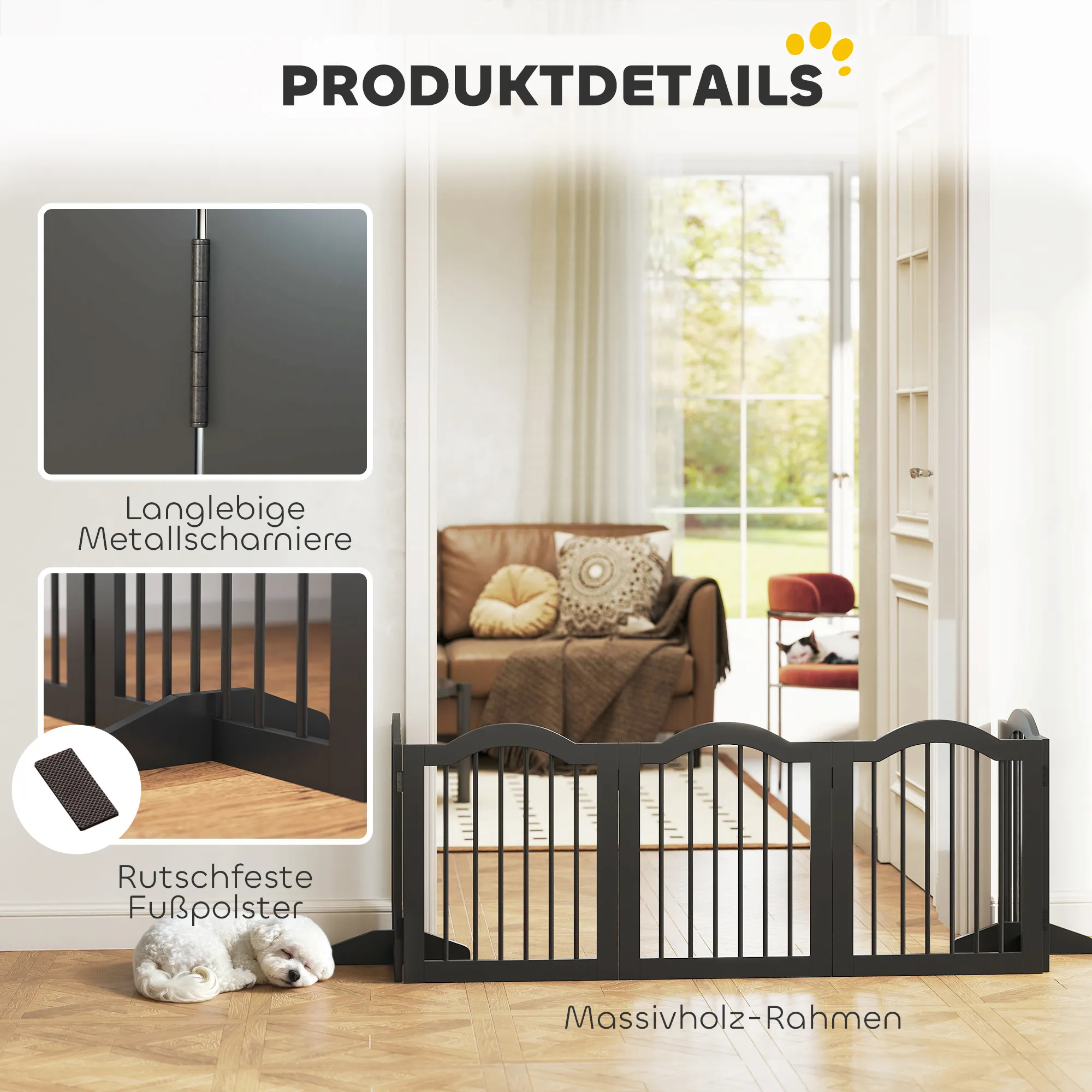 Hundegitter freistehend aus Holz, klappbar, 261,5 x 61 cm, Schwarz