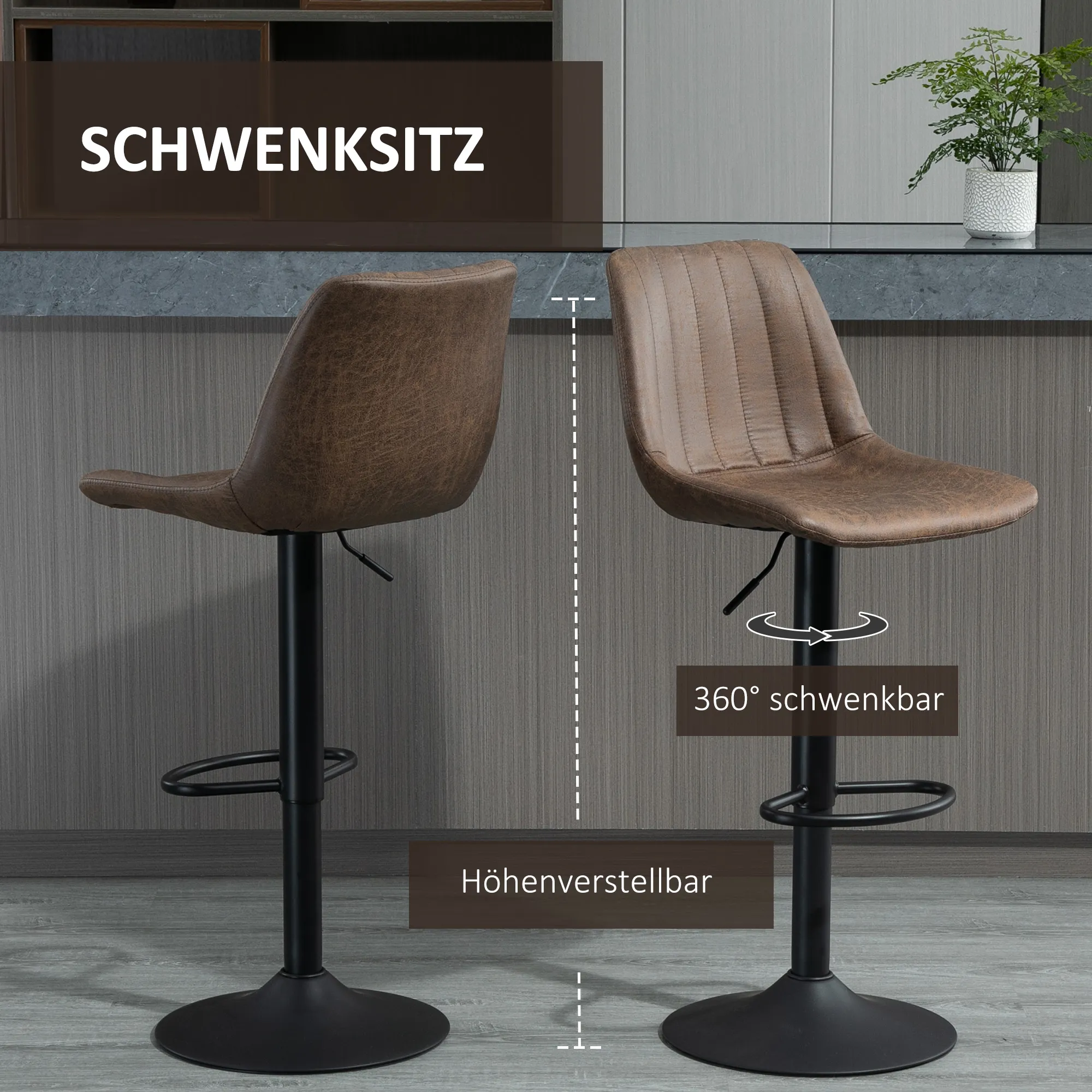 2er-Set Barhocker im Retrodesign, inkl. Fußstütze, höhenverstellbar, Gaslift, Braun + Schwarz