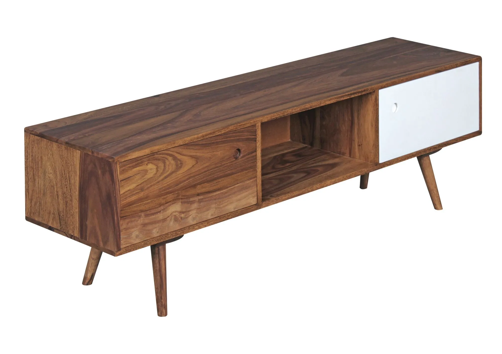 tinkaro TV Lowboard rechteckig TELSE Massiv-Holz Sheesham TV-Schrank Braun/Weiß