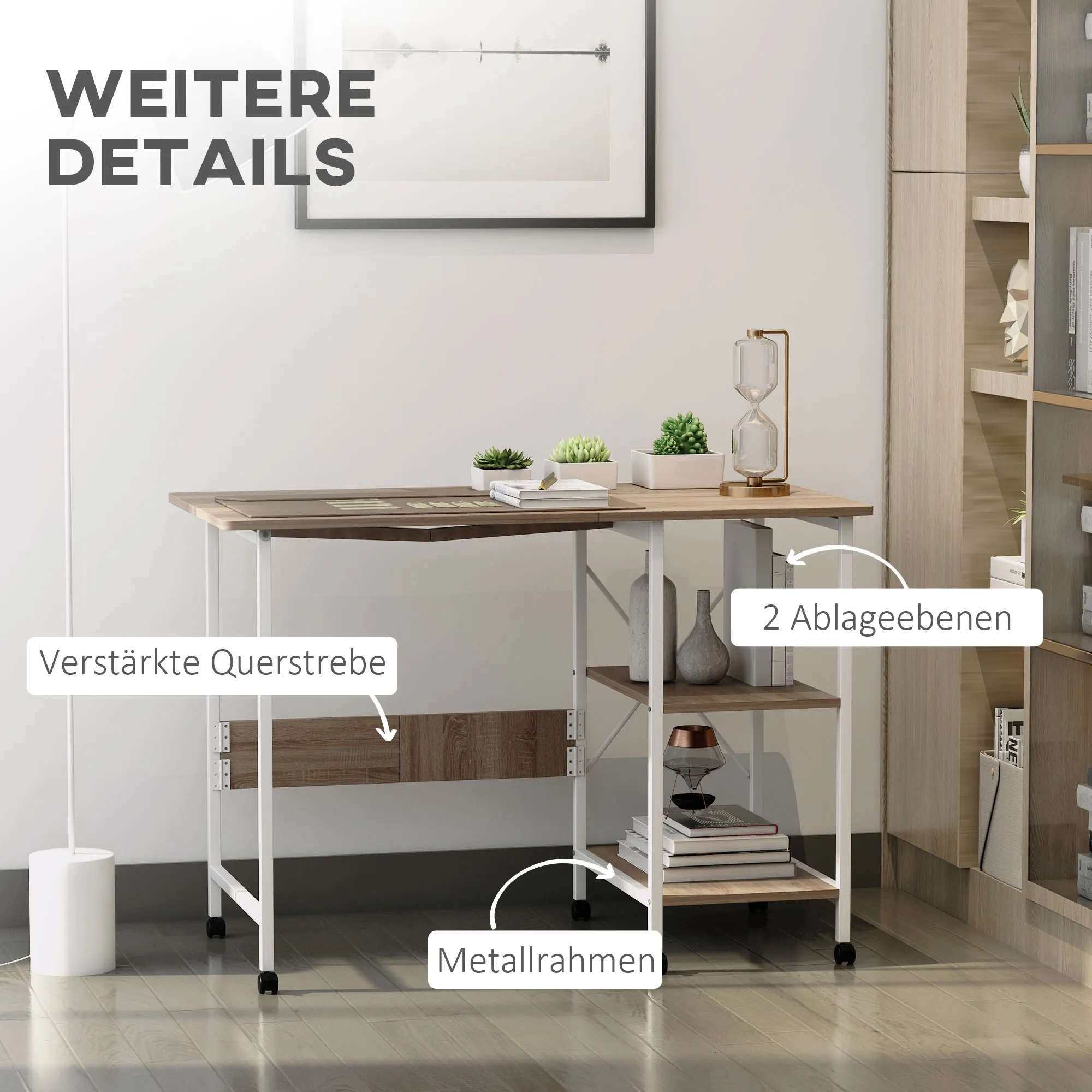 Klapptisch Schreibtisch Beistelltisch Bürotisch Mobiler Computertisch mit Rollen MDF Natur 107 x 55 x 76 cm