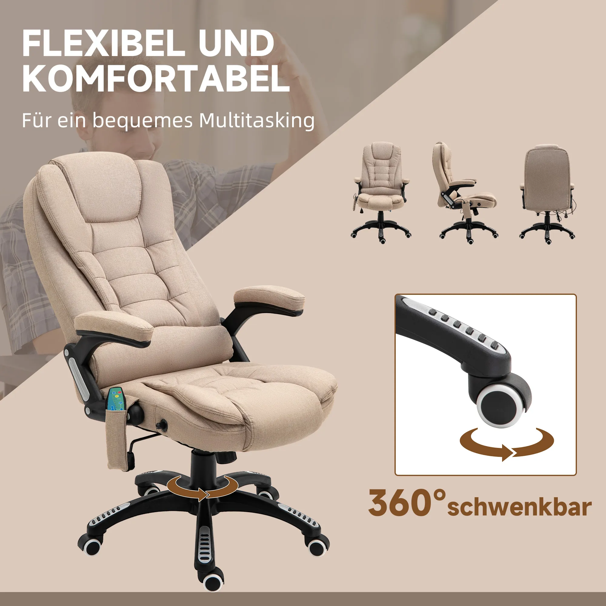 Massagesessel mit Wärmefunktion, Ergonomischer Schreibtischstuhl, höhenverstellbar, 68L x 72B x 110-120 cm, Braun