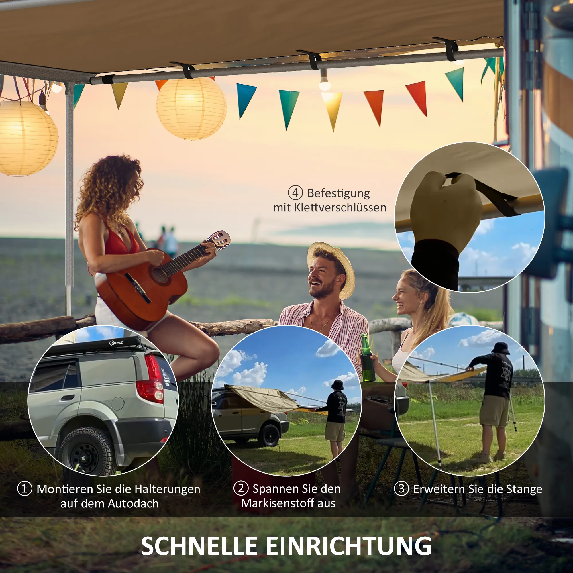 Car Side Awning 160L x 250B x 125-225H cm in Khaki