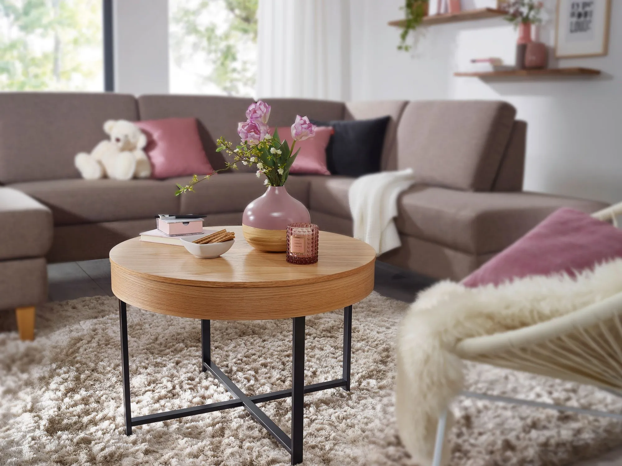 WOHNLING Design Couchtisch Rund 69 cm mit Eichen Optik Tisch mit Stauraum