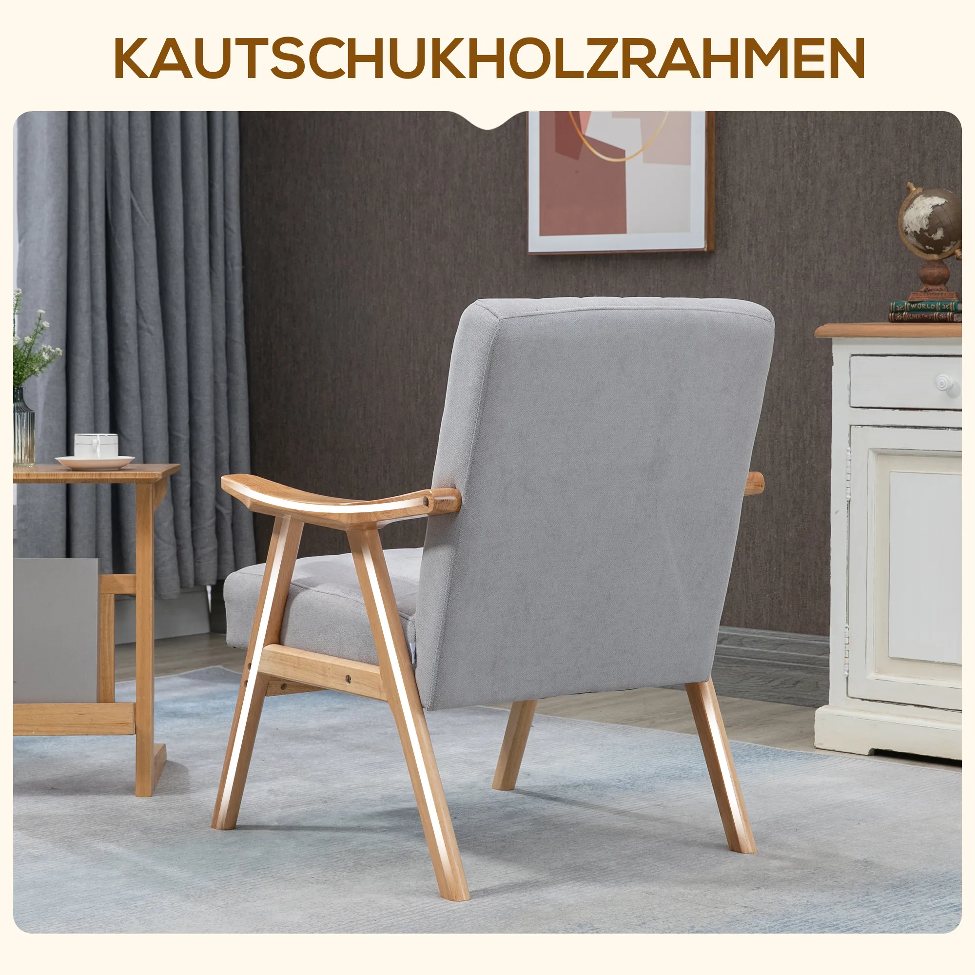 Sessel im Skandi-Design, bis 120 kg, Samtoptik, Massivholz  68 cm x 74 cm x 82 cm, Natur + Grau