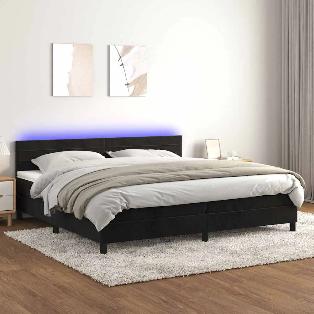 Boxspringbett aus Samt mit LED-Leiste, Matratze, 200x200 cm, Schwarz