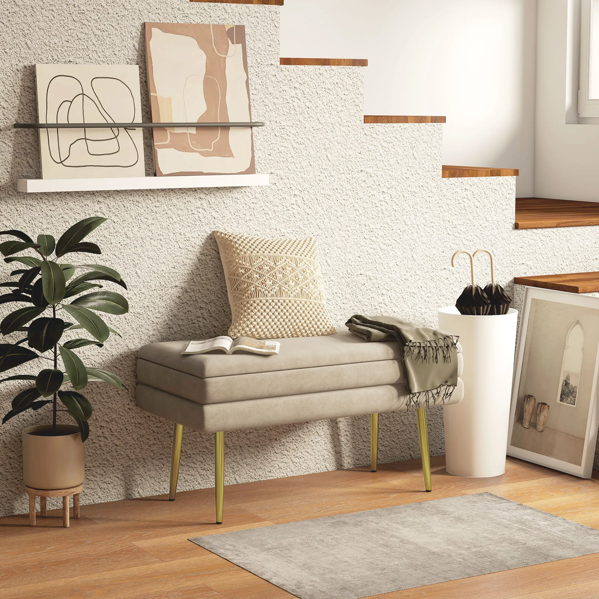 Sitzbank Polsterbank, mit Stauraum, Stahl, 79,5 cm x 37,5 cm x 43 cm, Beige