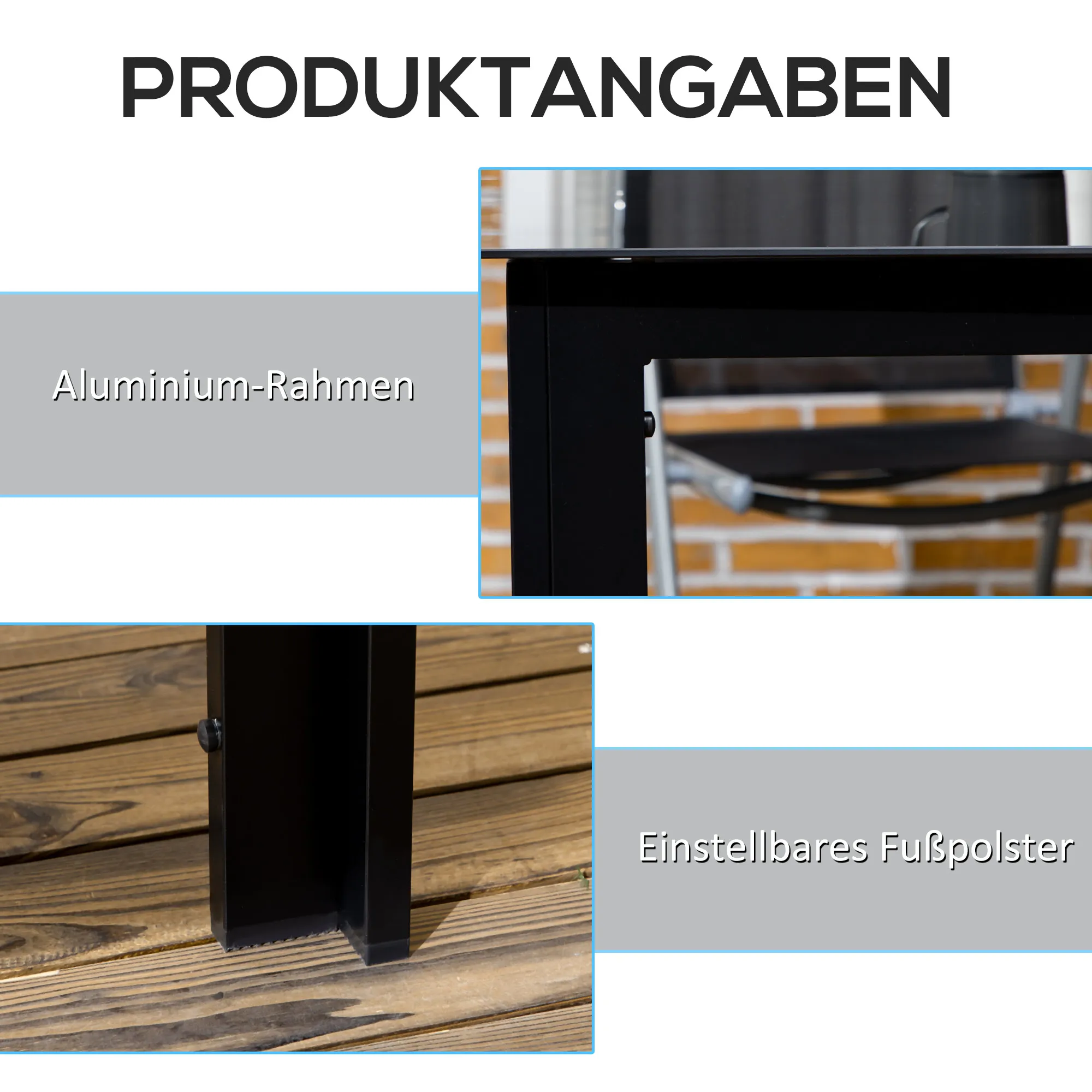 Gartentisch 150x90x74 cm Schwarz aus Aluminium und Glas