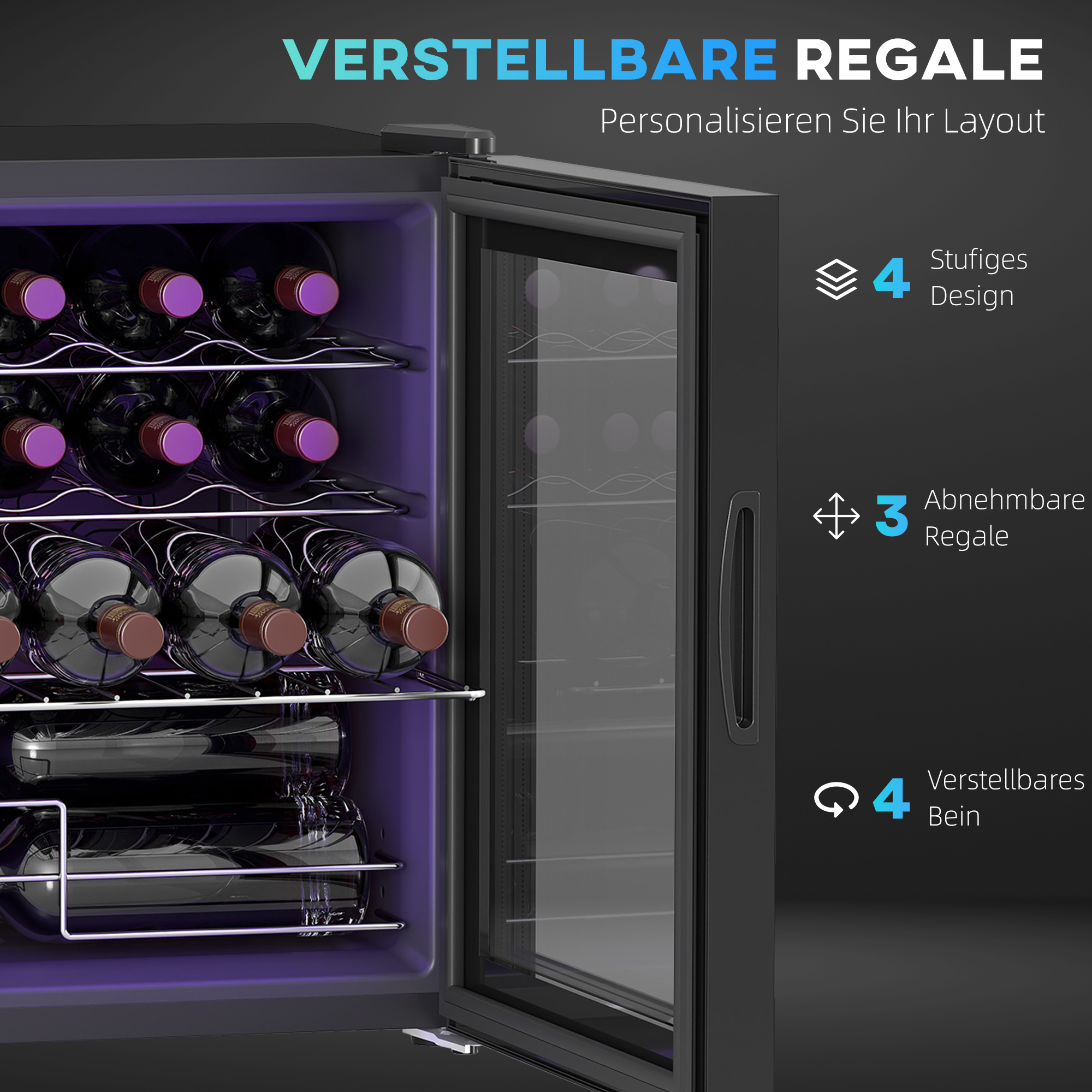 Weinkühlschrank 43B x 45T x 56,5H cm Schwarz für 16 Flaschen