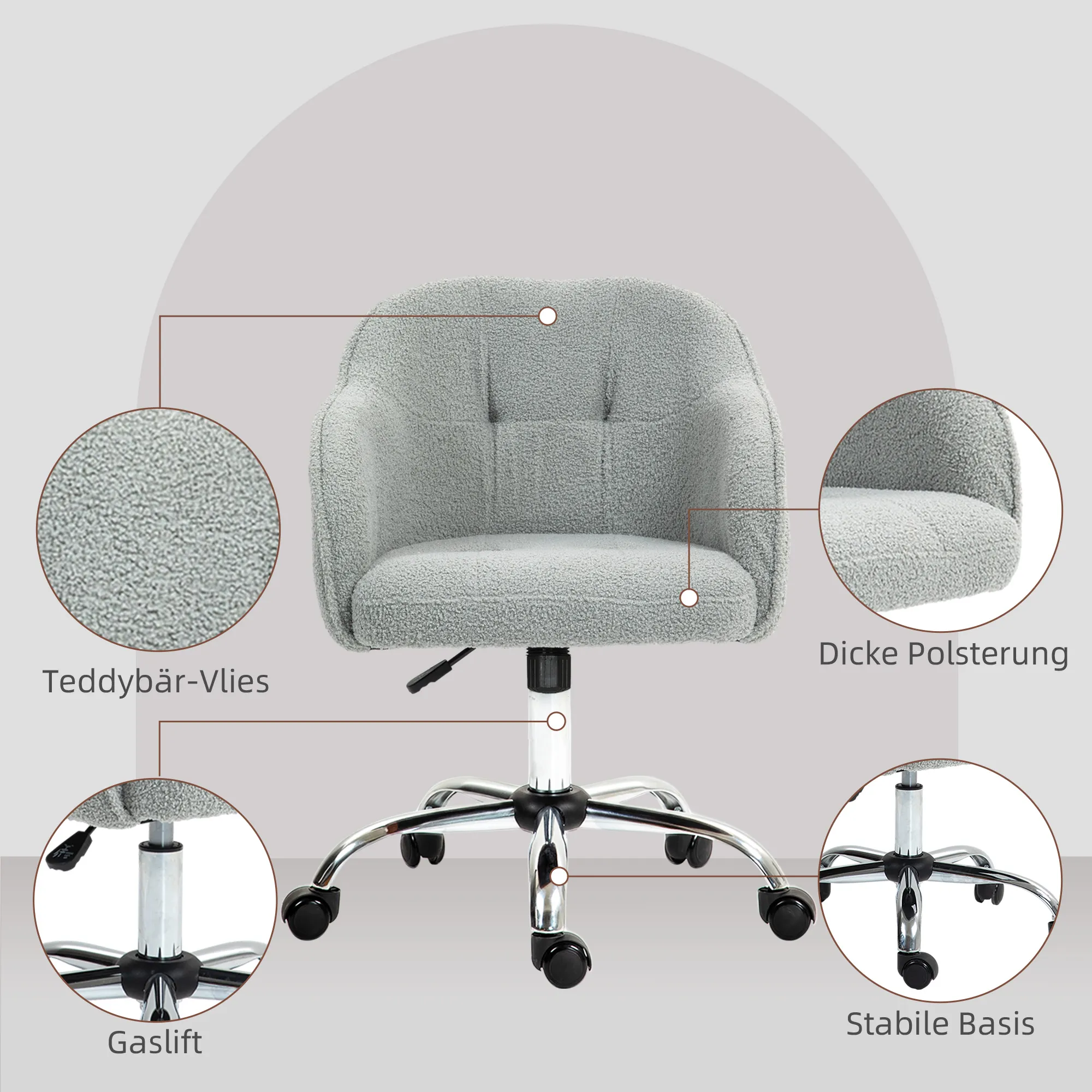 Homeoffice Stuhl, Ergonomisch Schreibtischstuhl mit Wippfunktion, Teddysamtoptik 56 x 61 x 86 cm Grau