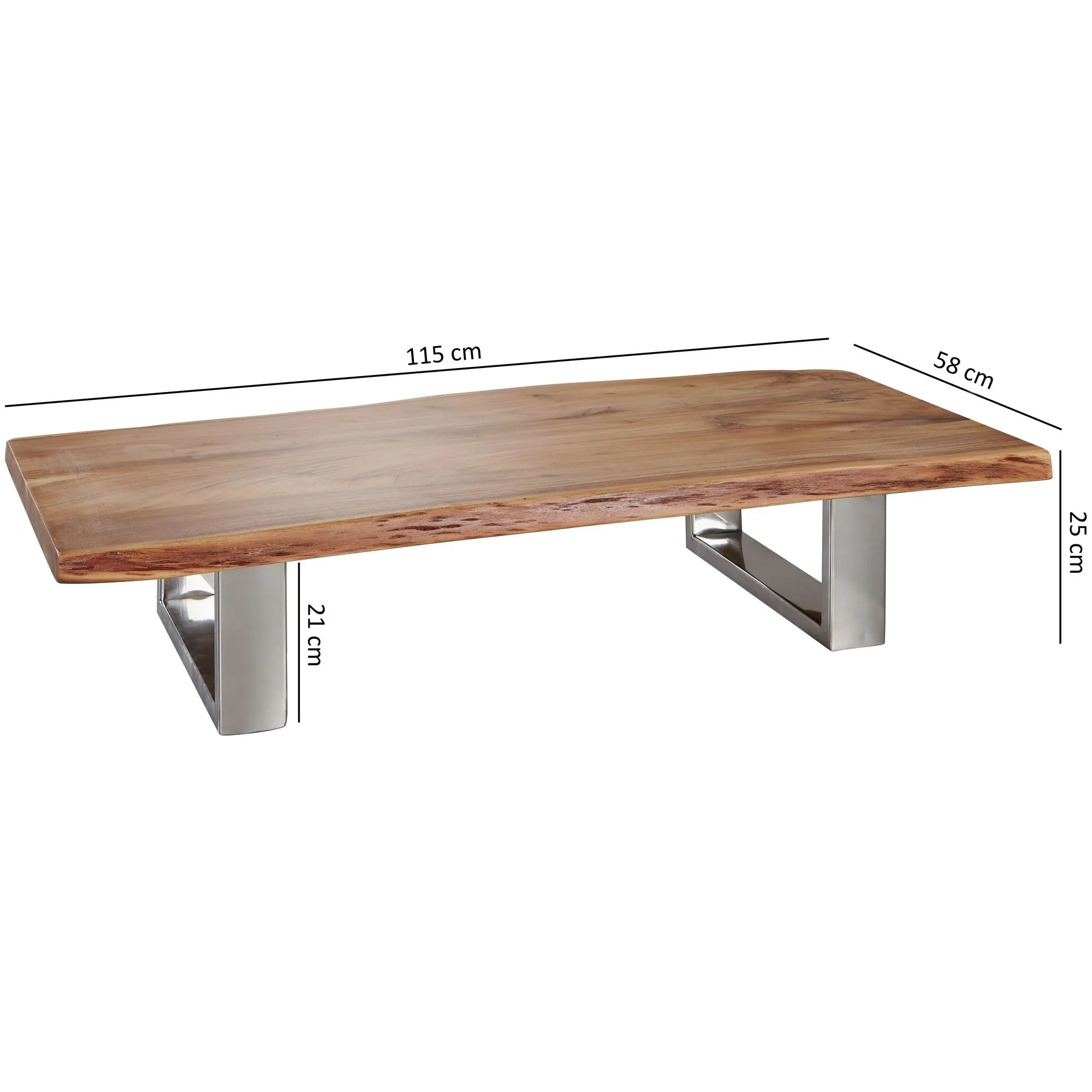 Couchtisch 115 x 25 x 58 cm Akazie Massiv Holz Metallgestell groß