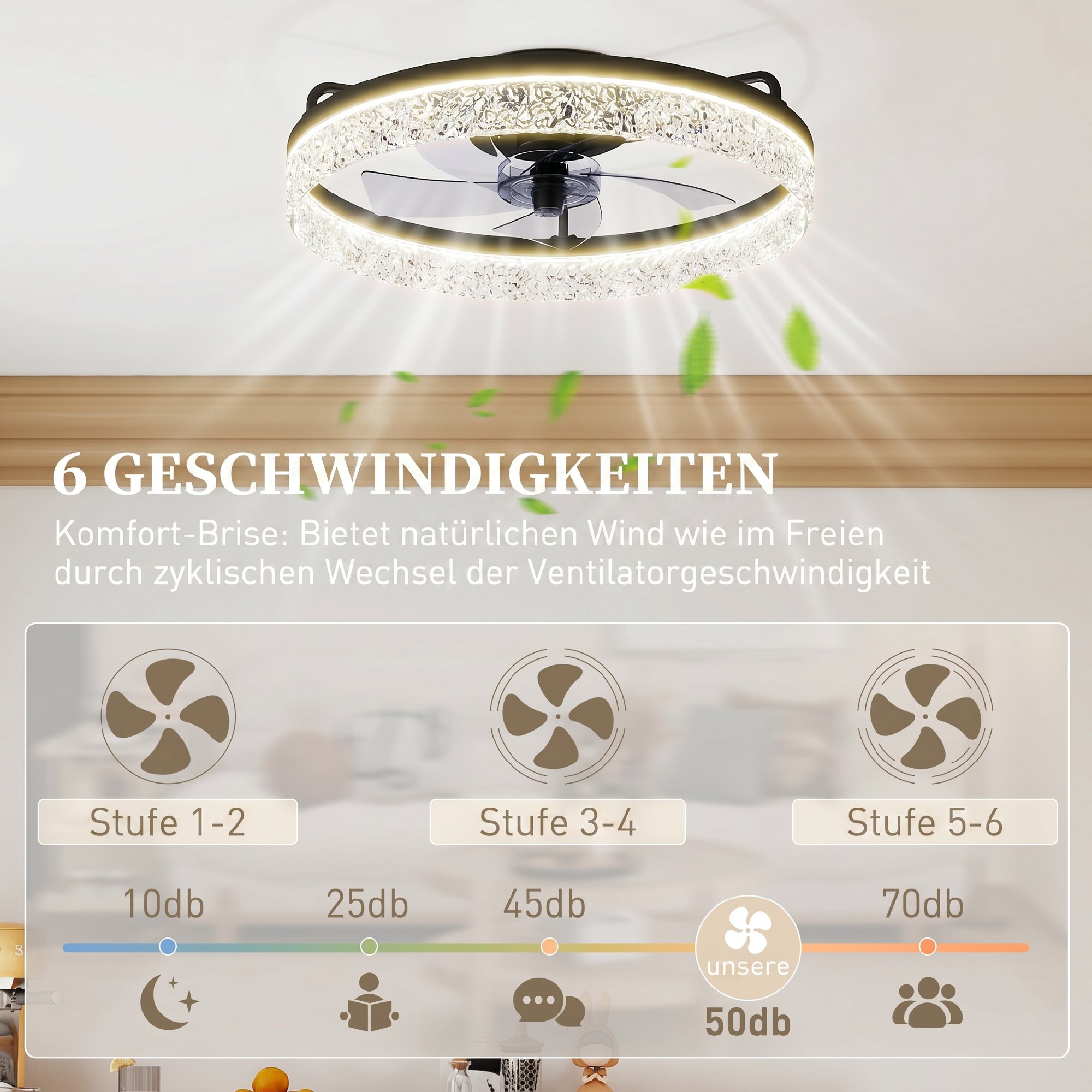 Deckenventilator mit Licht, dimmbarer LED-Deckenventilator mit Fernbedienung für Schlafzimmer und Wohnzimmer, Schwarz