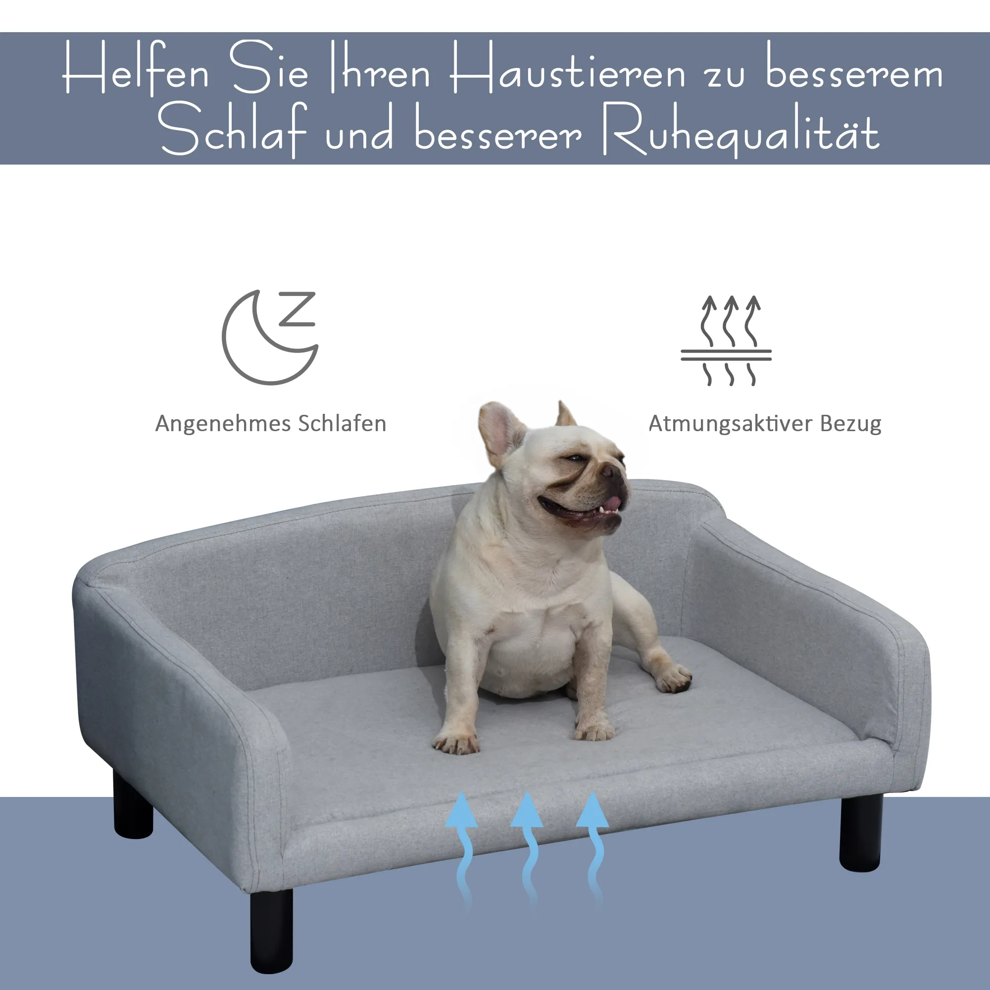 Hundesofa aus Samt mit Holzbeinen, 82x54x36 cm, Hellgrau