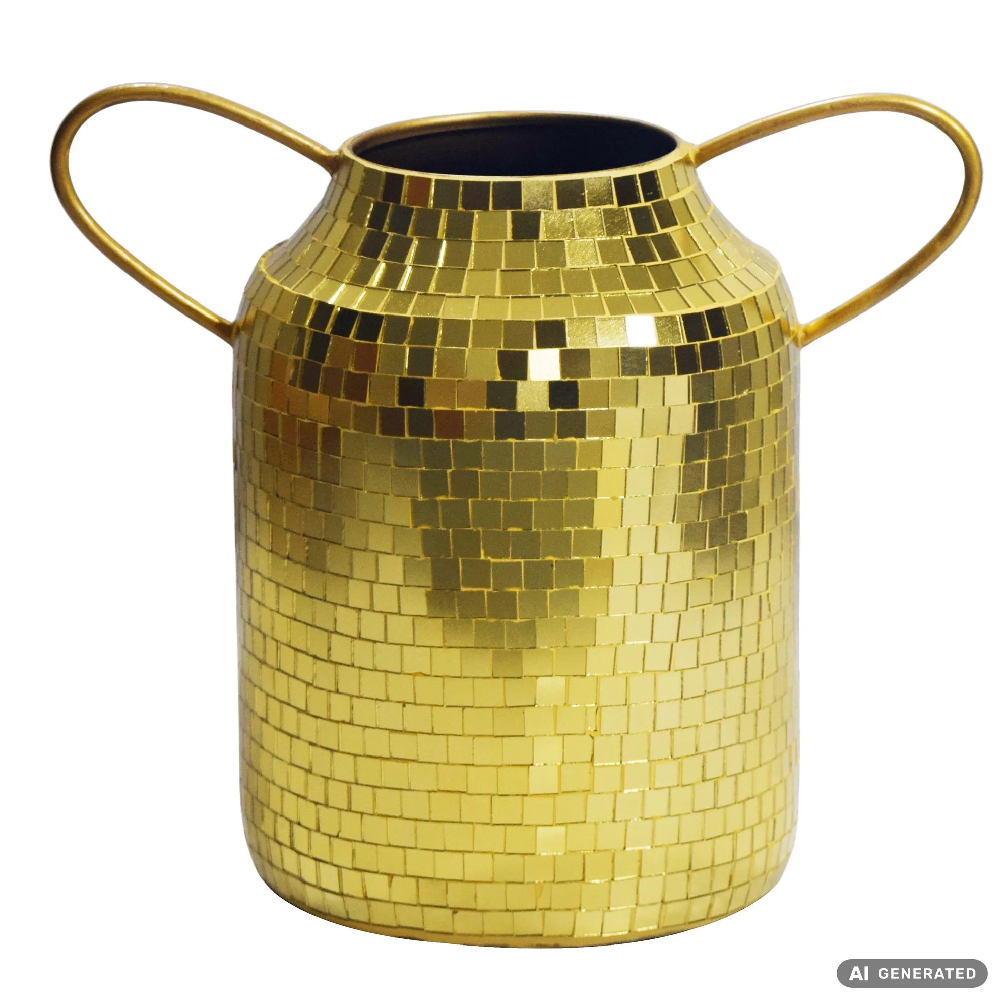 Tischvase Aluminium 32cm Gold - Blumenvase mit Henkel - Metallvase im Discokugel Design Modern - Dekovase rund für Trockenblumen - Alu Standvase Vase Hoch - Wohndeko Handmade