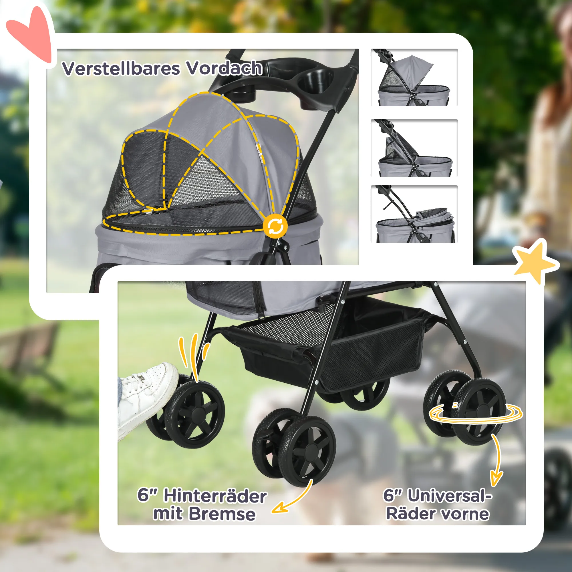 Hundebuggy Grau 67L x 45B x 96H cm für kleine Hunde bis 4 kg