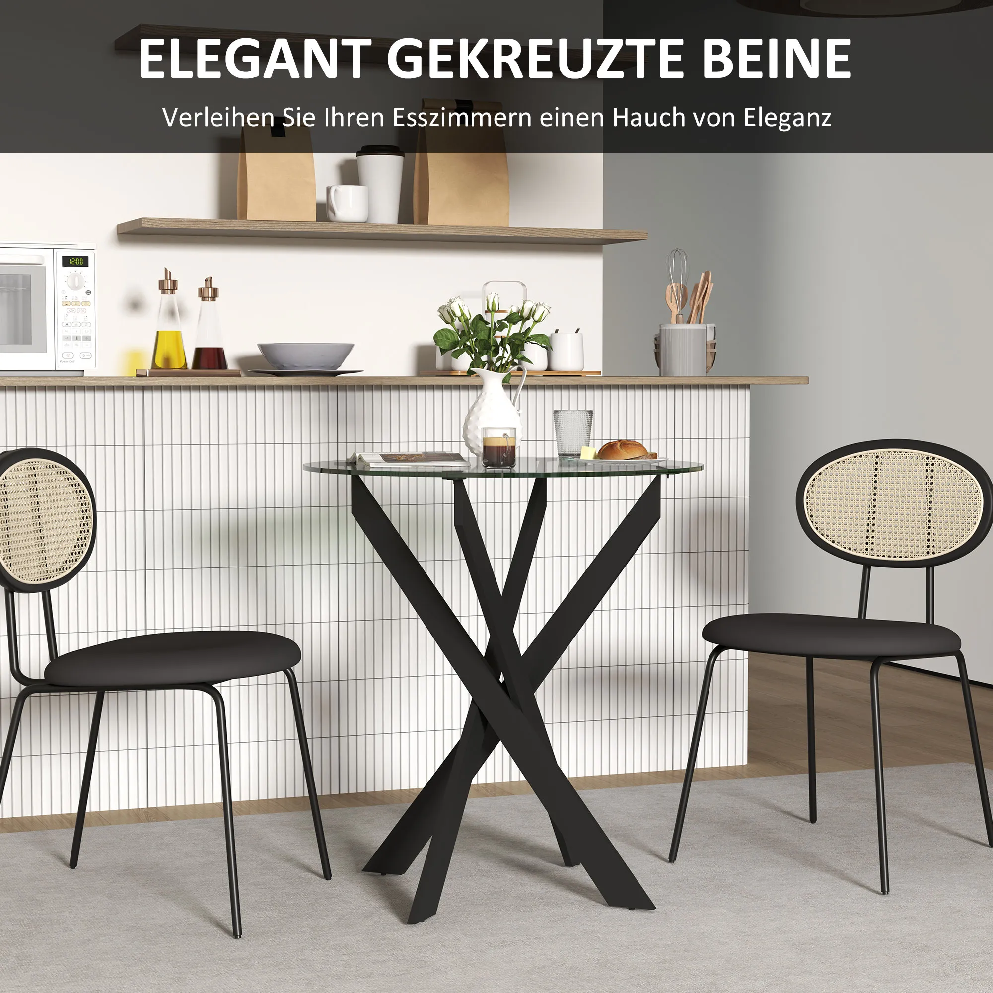 Moderner Glas-Esstisch, 70 cm Durchmesser, Küchentisch mit gehärteter Glasplatte und Metallbeinen, für 4 Personen