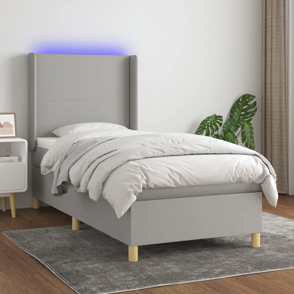 Boxspringbett mit LED, Taschenfederkernmatratze, Hellgrau, 90x190cm