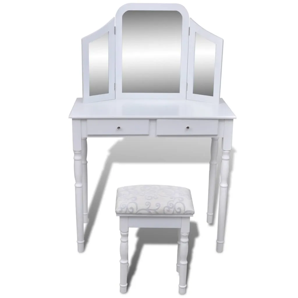 Schminktisch-Set Weiß Massivholz 80x40,5x74,5 cm mit Hocker