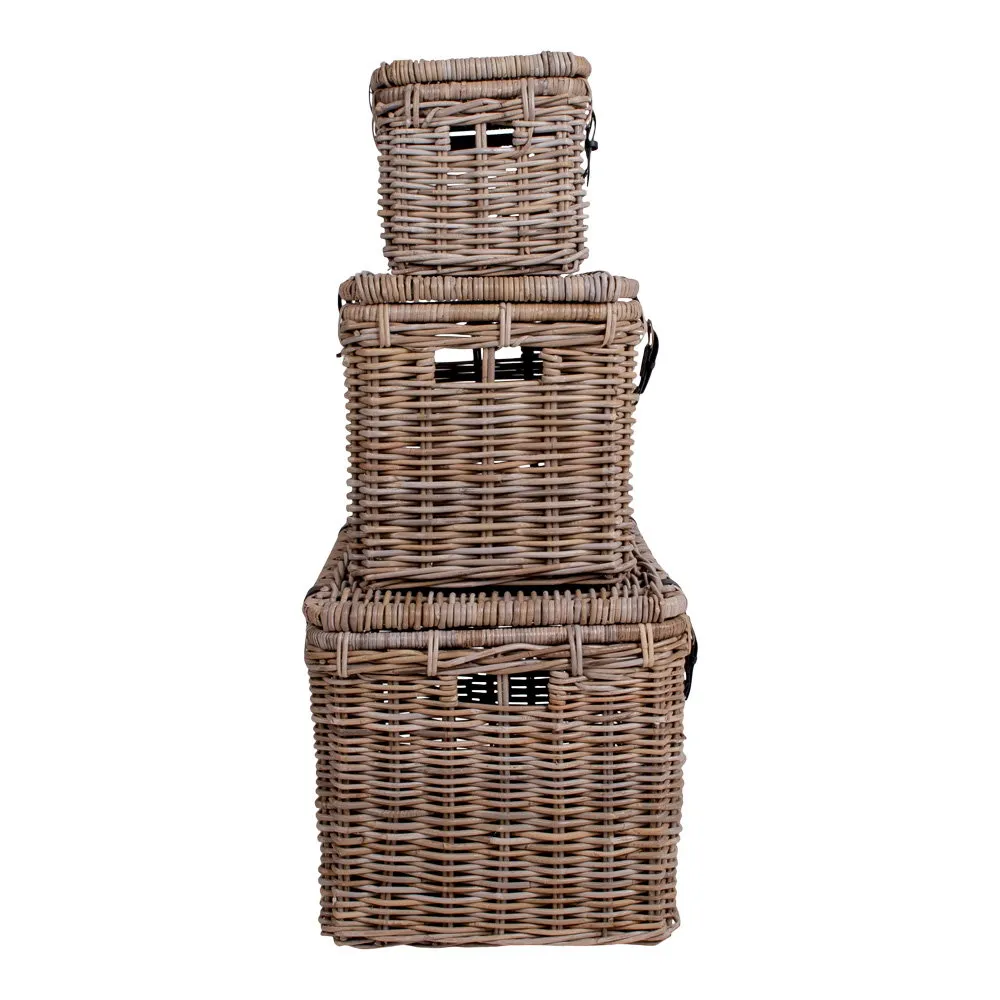 tinkaro Aufbewahrungsbox Set 3-teilig Kubu-Rattan Ledergriff Grau 81x71x61 cm