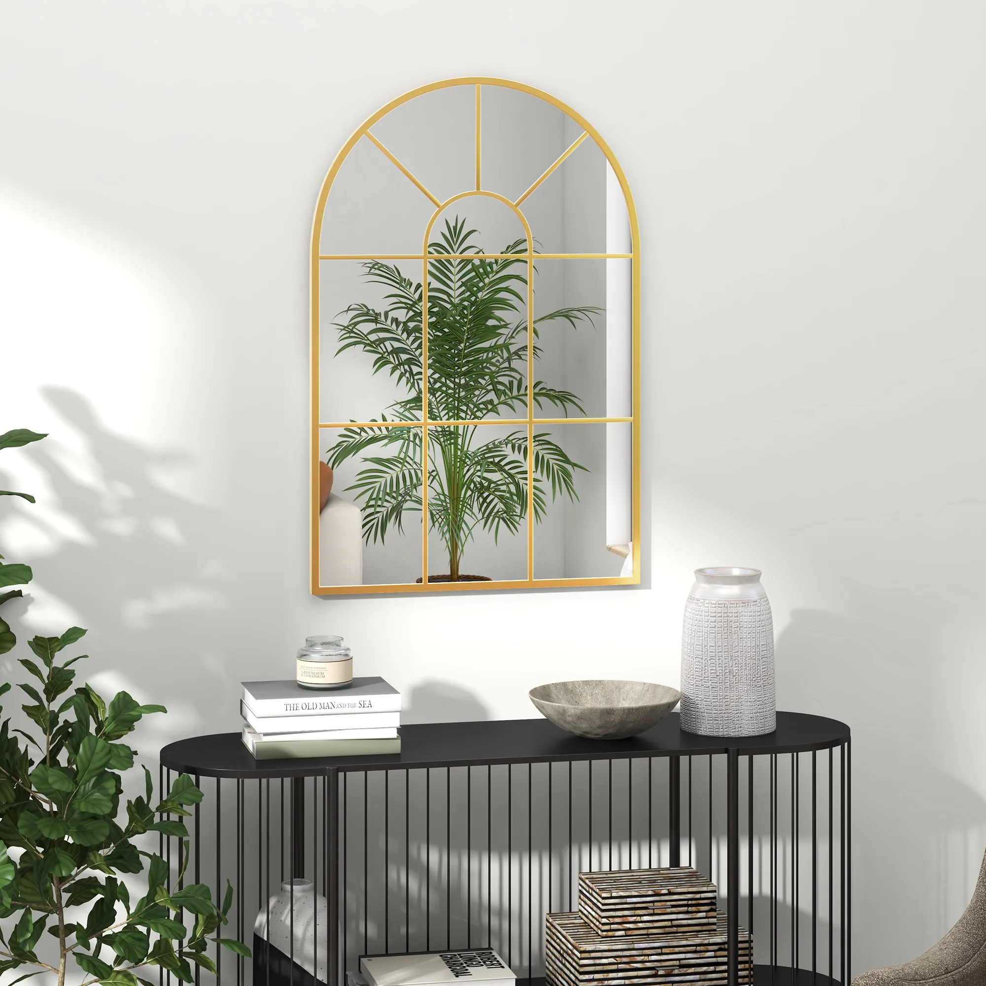 Wandspiegel, Fenster-Design, Flurspiegel, Metallrahmen, 91 x 60 cm, Gold
