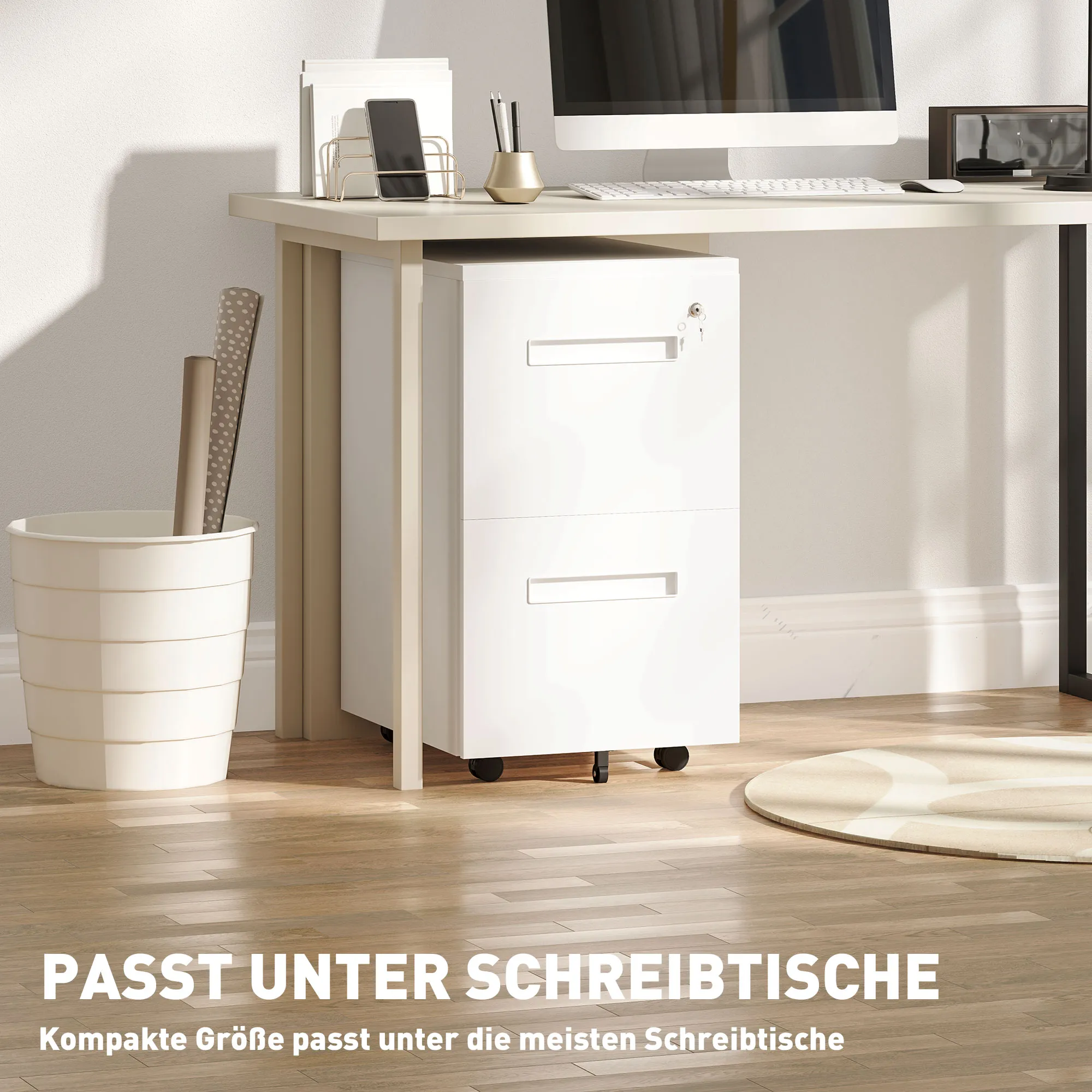 Rollcontainer Weiß 39B x 48T x 67H cm mit 2 Schubladen