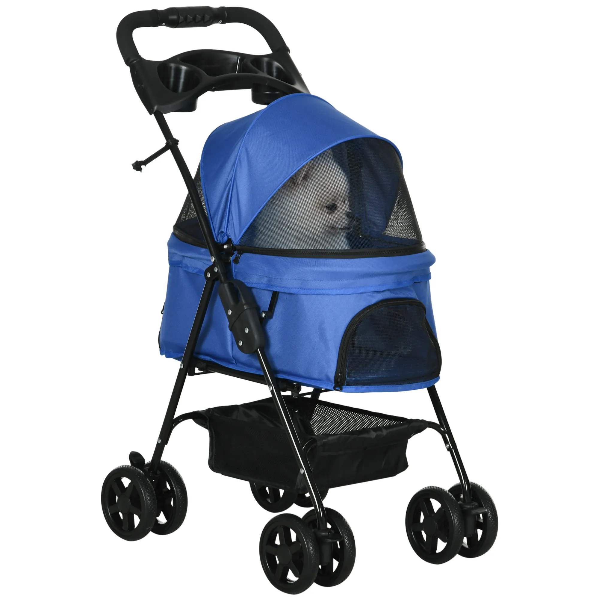 Hundebuggy Hundewagen bis 4 kg Klappbar Netzfenster Bodenkorb Becherhalter abnehmbares Dach blau 67 x 45 x 96 cm