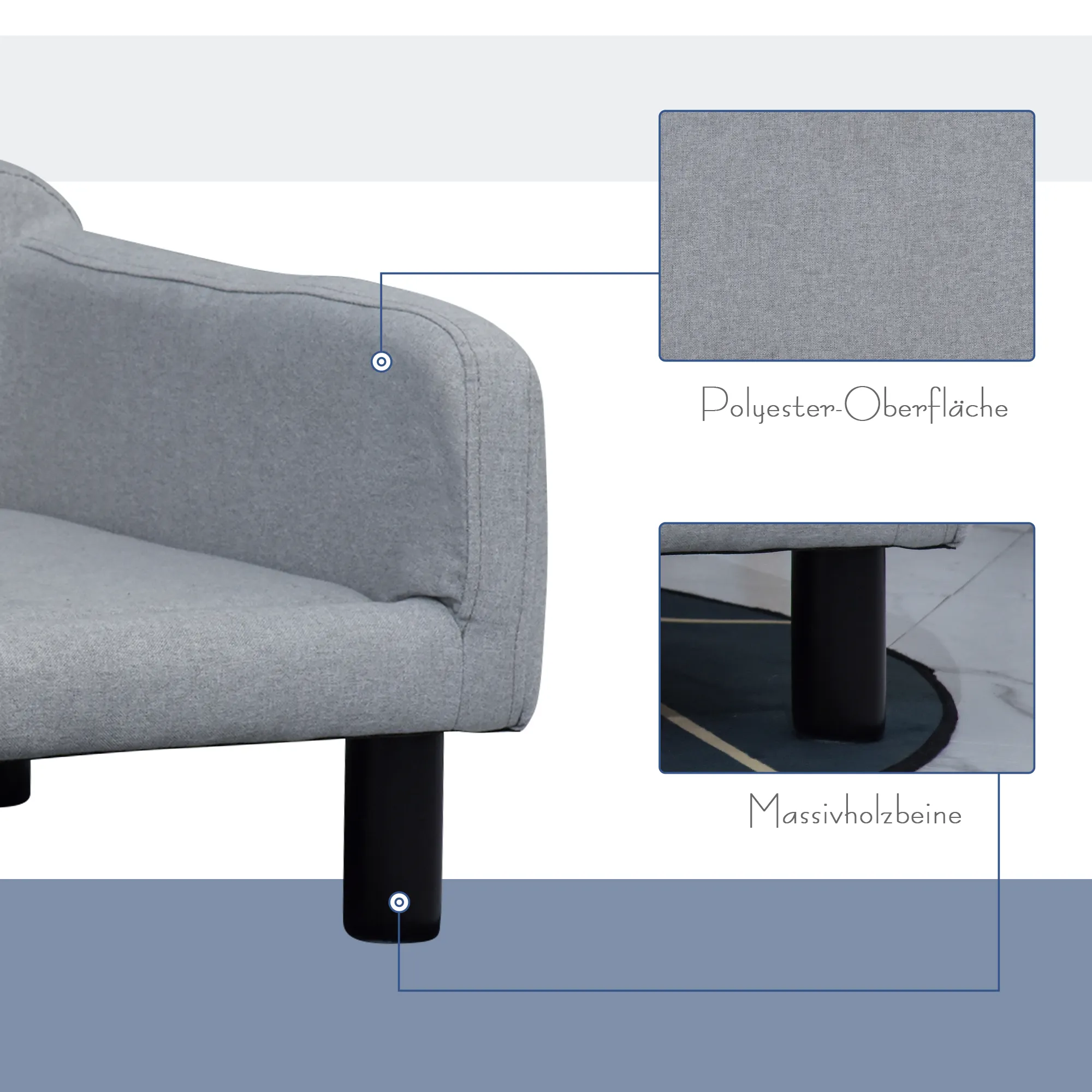 Hundesofa aus Samt mit Holzbeinen, 82x54x36 cm, Hellgrau