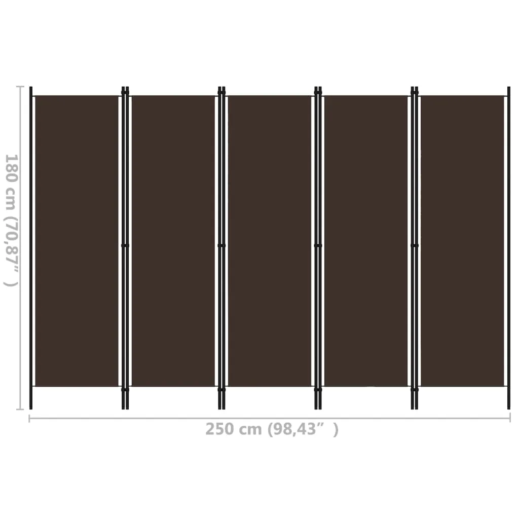 5-Panel Raumteiler Braun 250 x 180 cm mit Stoffschirm