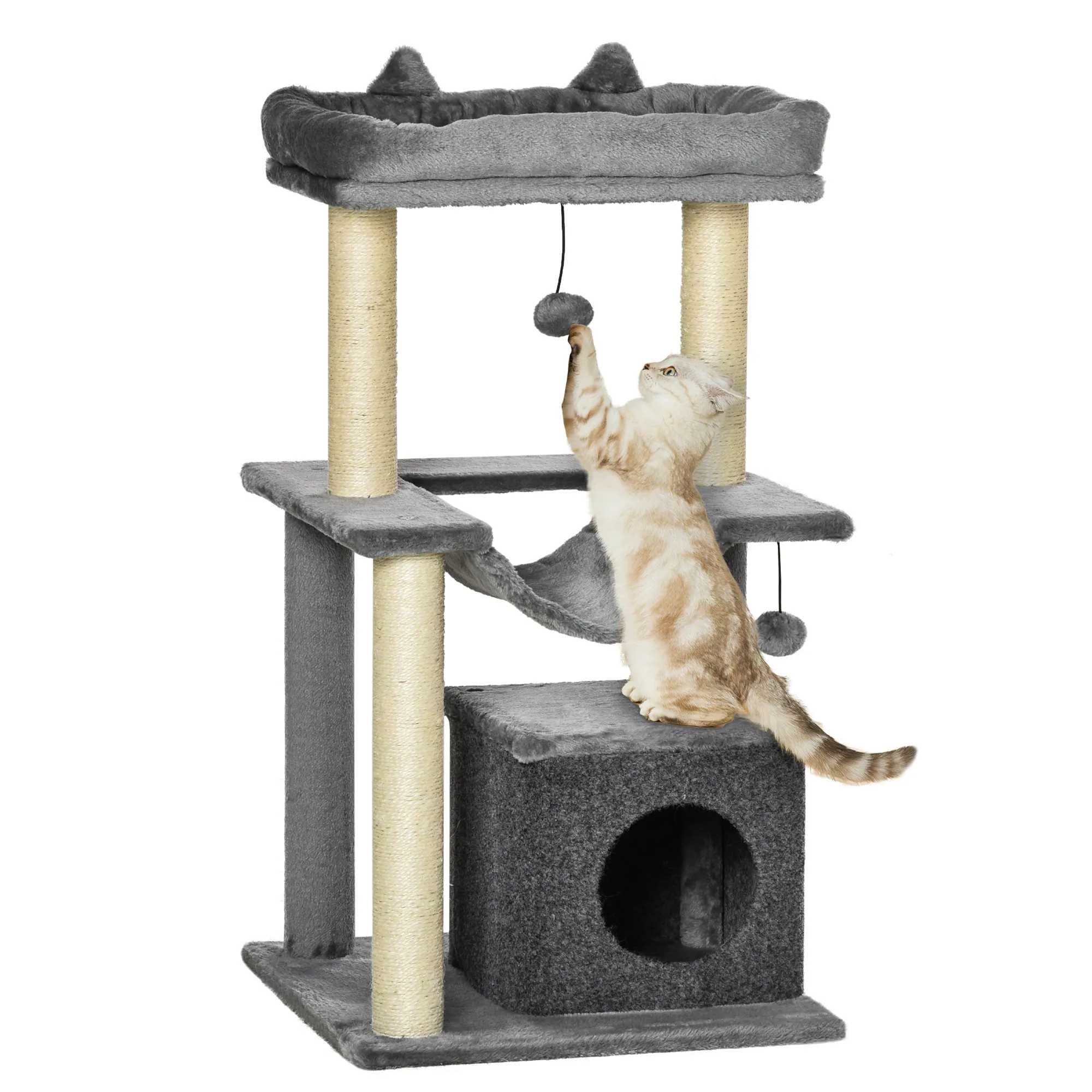 Kratzbaum für Katzen mit Hängematte und Höhle, Plüsch, Grau, 90cm