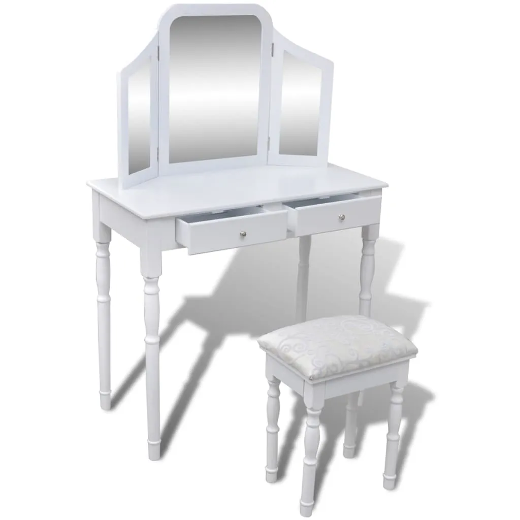 Schminktisch-Set Weiß Massivholz 80x40,5x74,5 cm mit Hocker