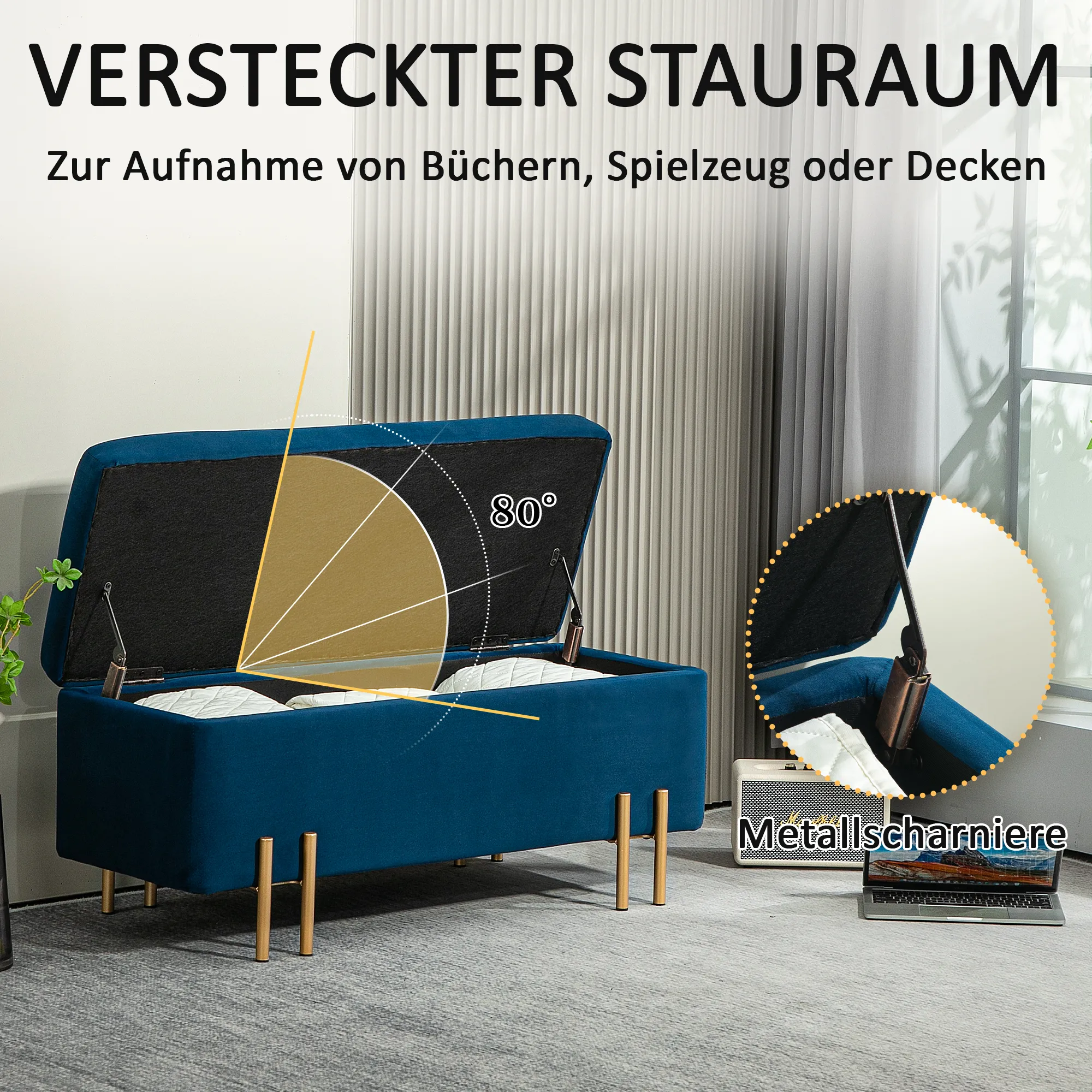 Sitzbank, Polsterbank mit Stauraum, Metall, Kautschukholz, Schaumstoff, 100 x 40 x 42 cm, Dunkelblau